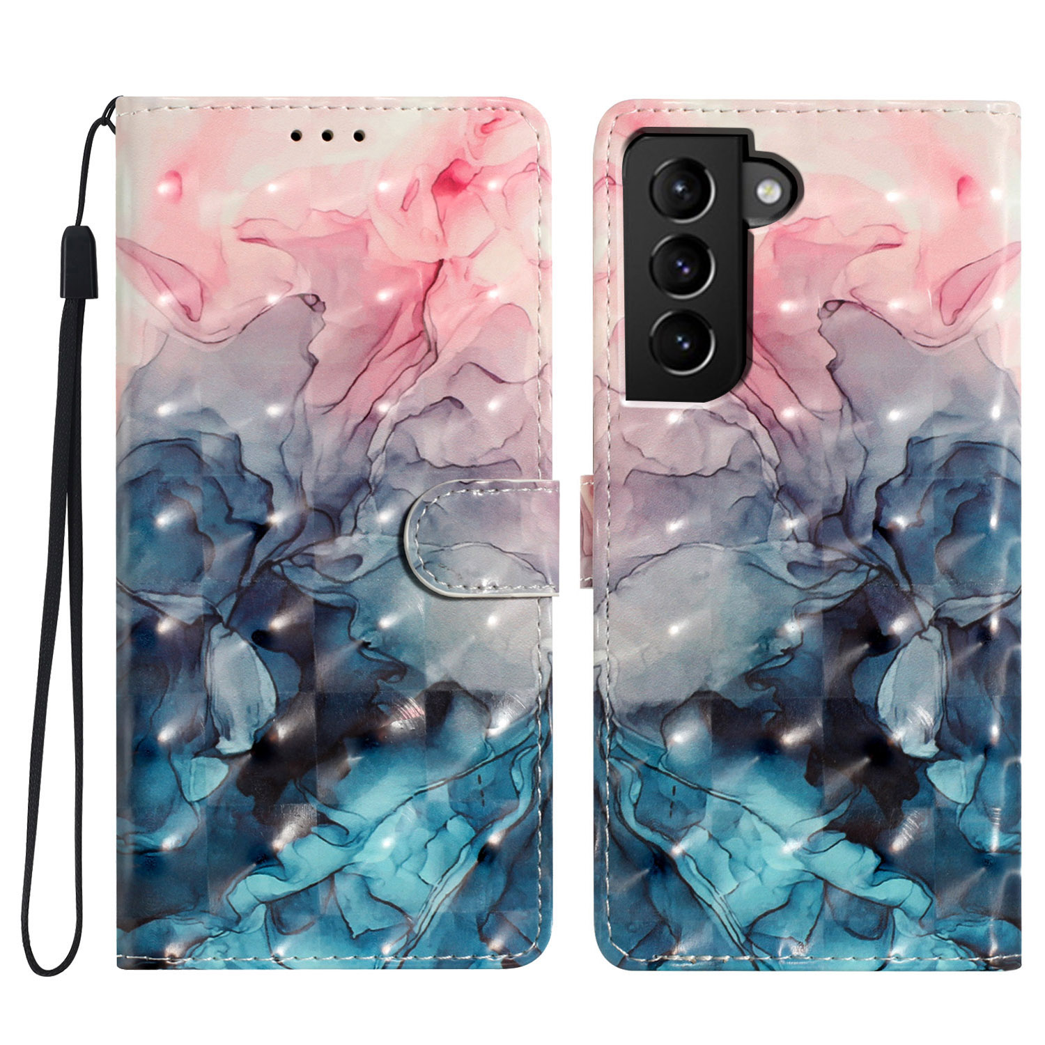 

Für Samsung Galaxy S22 5G Hülle PU Leder 3D Muster Print Phone Ständer Cover - Pink Blue Marmor, Galaxy S22 5G