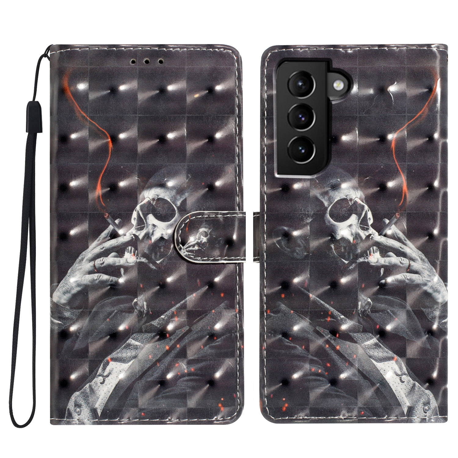

Für Samsung Galaxy S22 5G Hülle PU Leder 3D Muster Print Phone Ständer Cover - Rauchskelett, Galaxy S22 5G