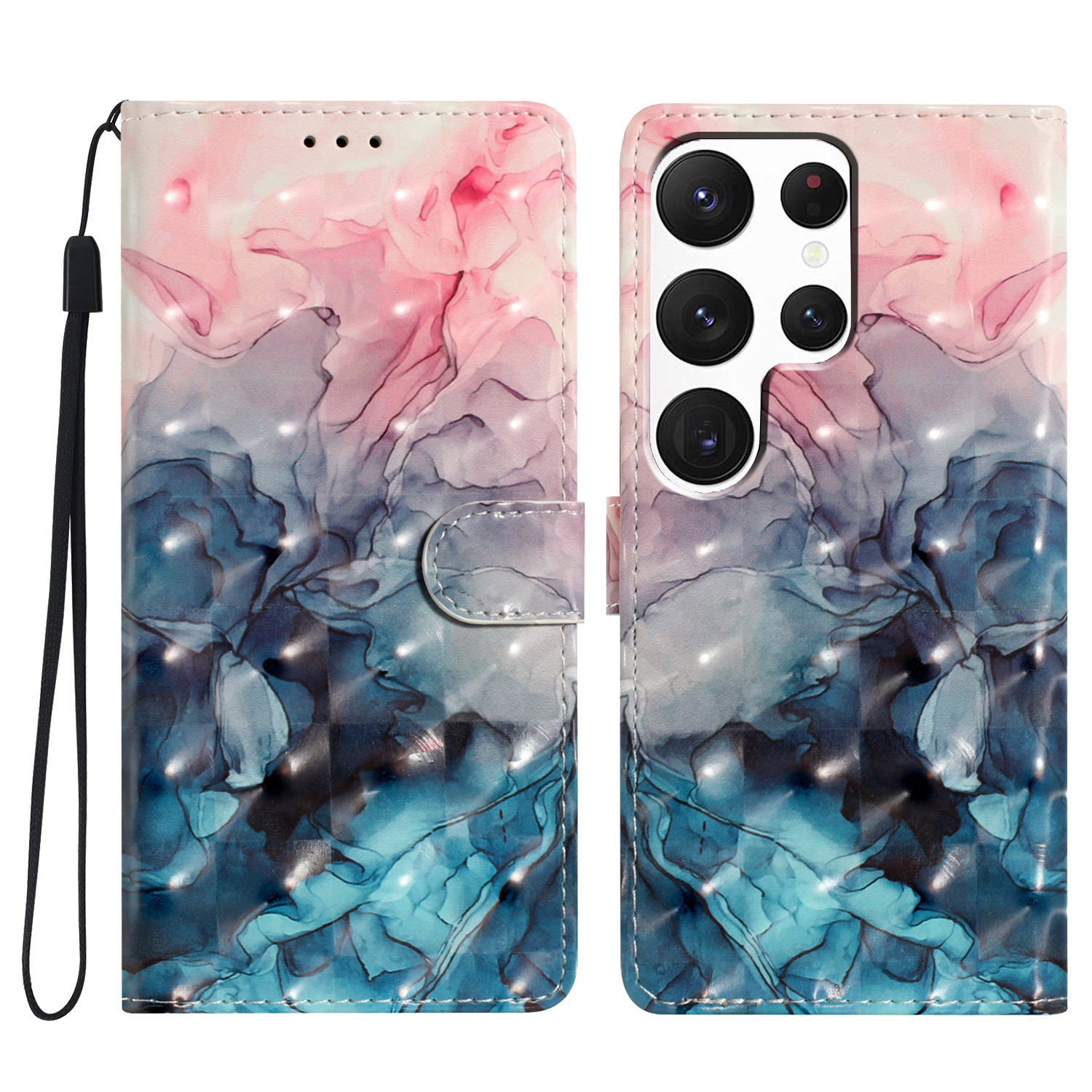 

Für Samsung Galaxy S22 Ultra 5G Lederhülle 3D -muster Gedrucktes Mobiltelefonständer Cover - Pink Blue Marmor, Galaxy S22 Ultra 5G