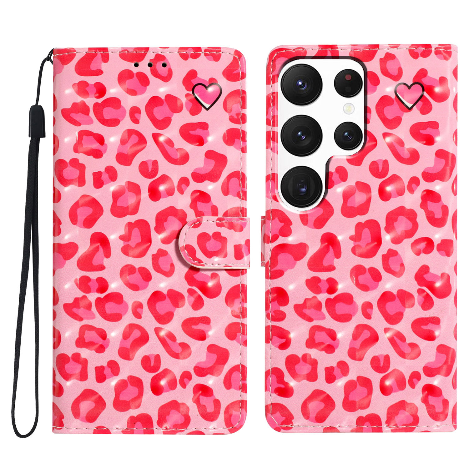 

Für Samsung Galaxy S22 Ultra 5G Lederhülle 3D -muster Gedrucktes Mobiltelefonständer Cover - Rosa Leopardendruck, Galaxy S22 Ultra 5G