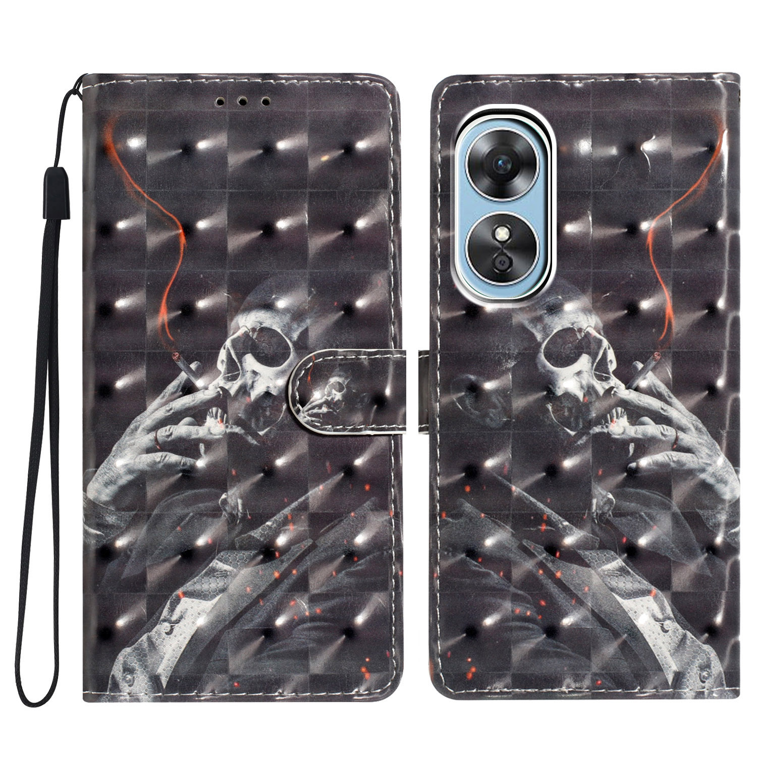 

Für Oppo A17 4G Lederkoffer 3D -muster -druck Telefonabdeckung Mit Brieftasche - Rauchskelett, Oppo A17 4G