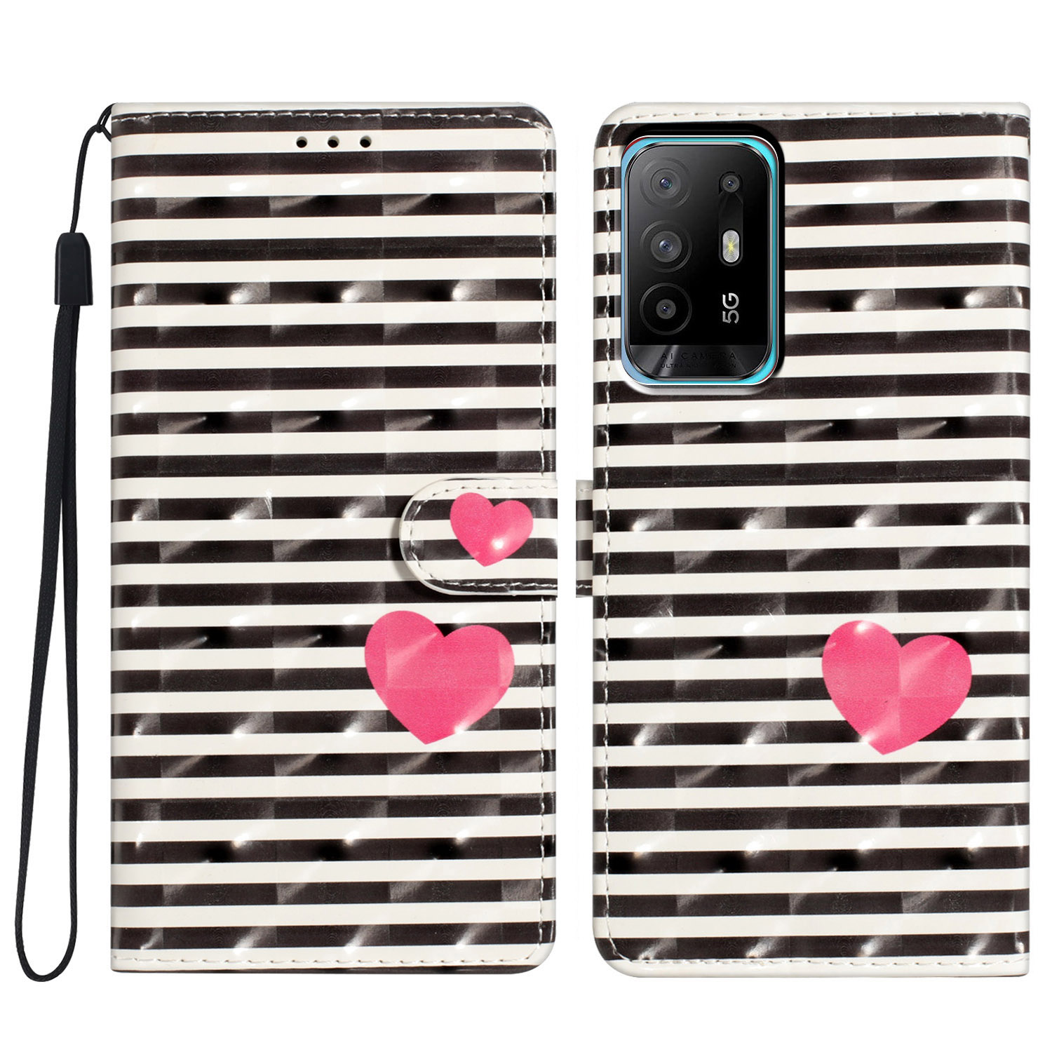 

Für Oppo A94 5G Koffer Wallet 3D Muster Druckleder Lederständer Cover - Streifen / Herz, Oppo A94 5G