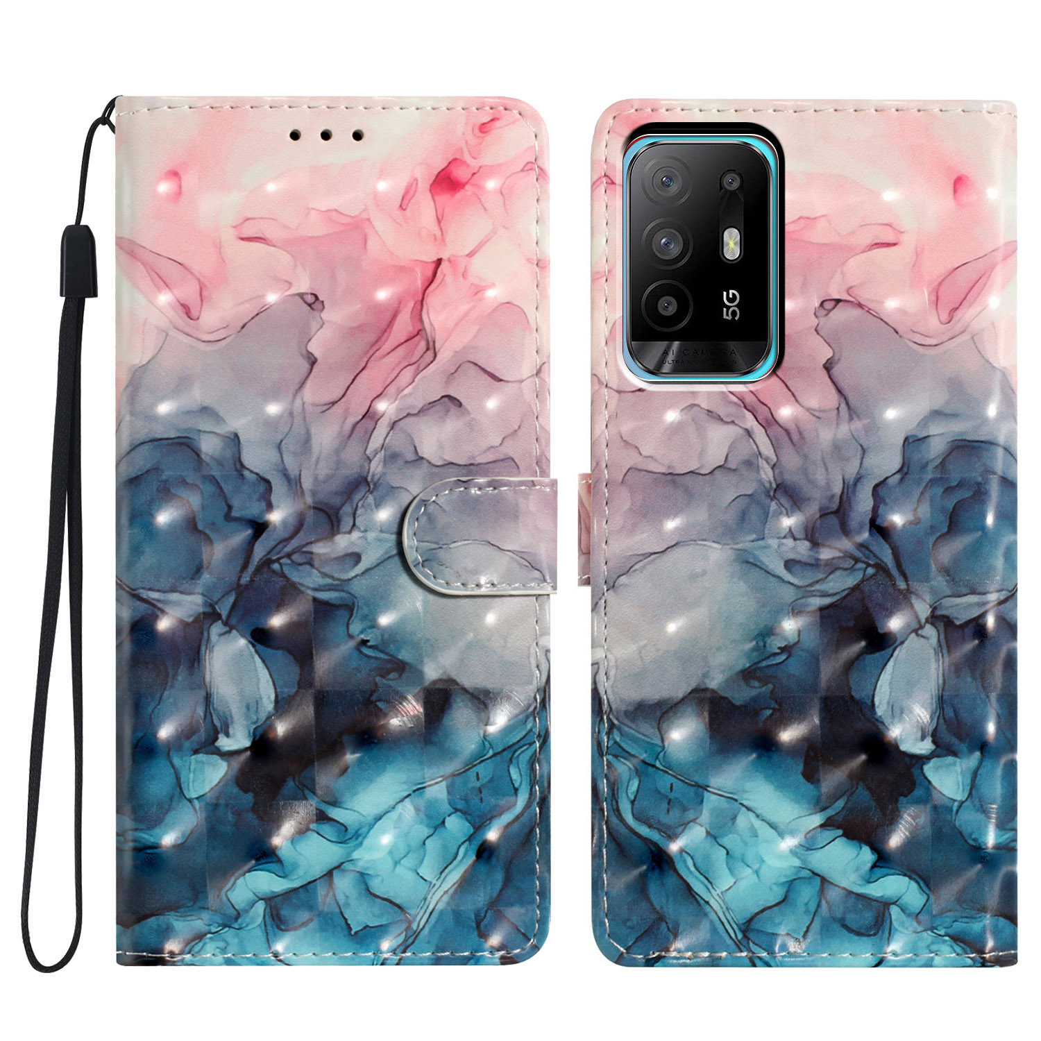 

Für Oppo A94 5G Koffer Wallet 3D Muster Druckleder Lederständer Cover - Pink Blue Marmor, Oppo A94 5G