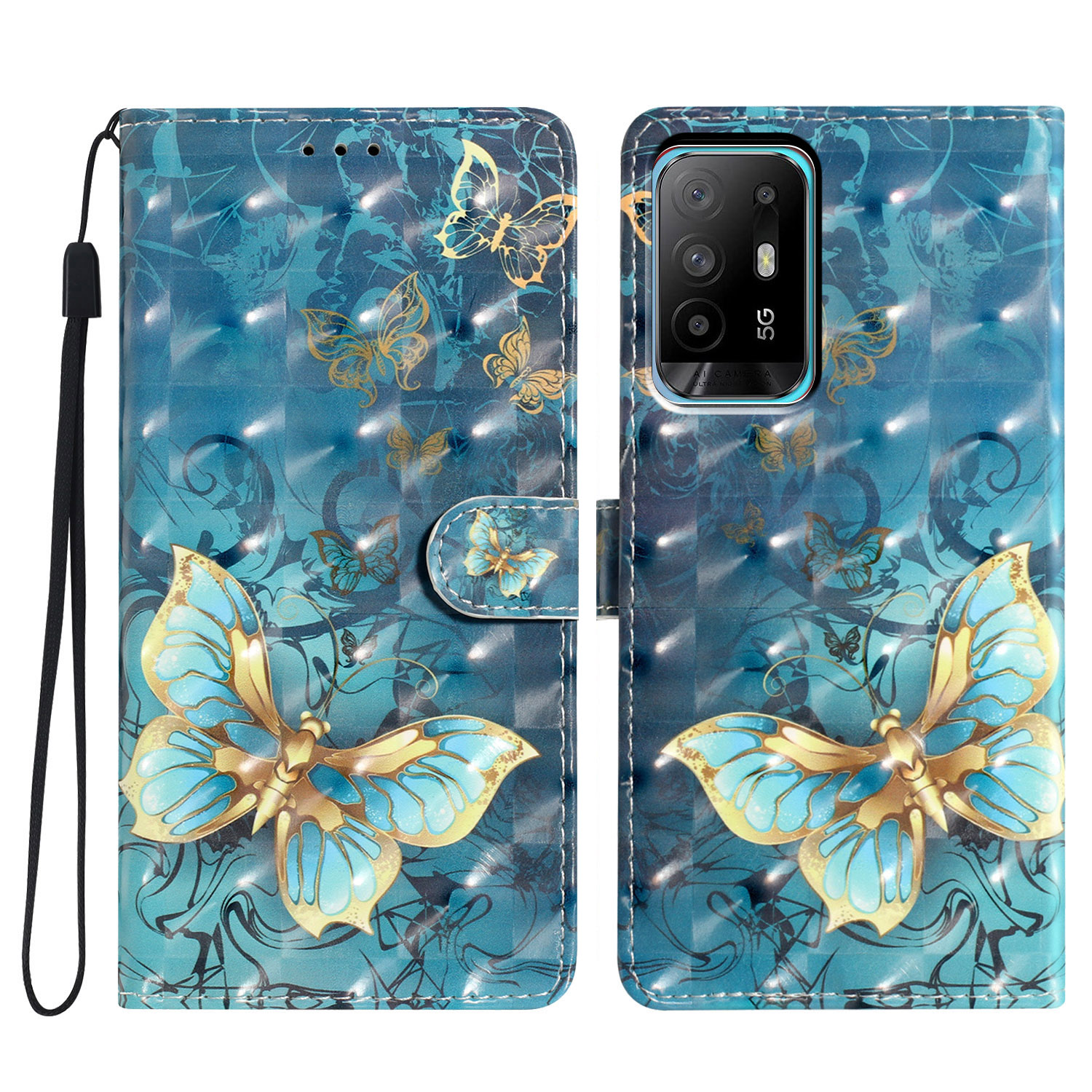 

Für Oppo A94 5G Koffer Wallet 3D Muster Druckleder Lederständer Cover - Schmetterling, Oppo A94 5G