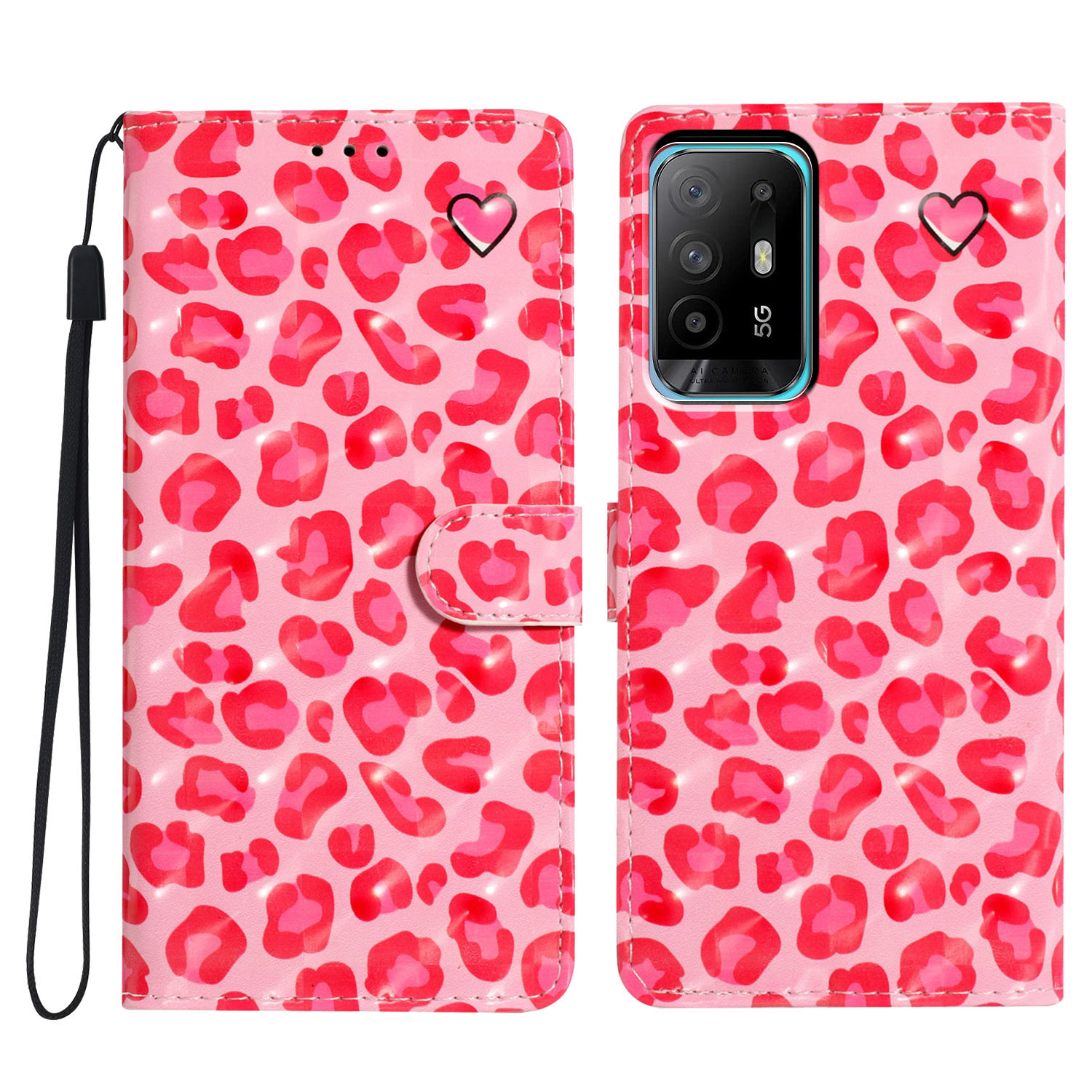 

Für Oppo A94 5G Koffer Wallet 3D Muster Druckleder Lederständer Cover - Rosa Leopardendruck, Oppo A94 5G