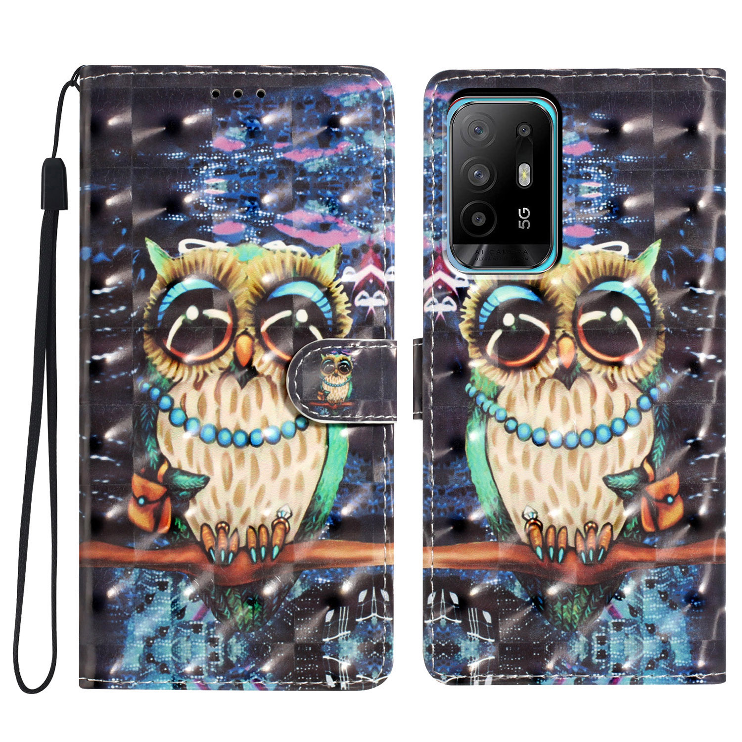 

Für Oppo A94 5G Koffer Wallet 3D Muster Druckleder Lederständer Cover - Eule, Oppo A94 5G