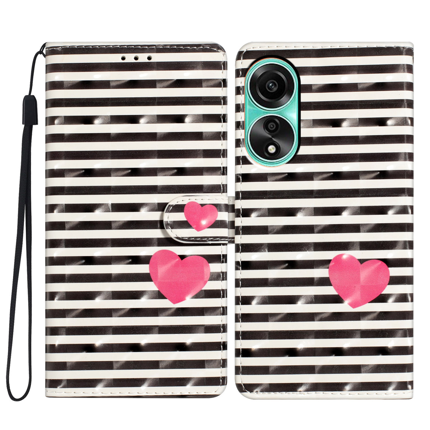 

Für Oppo A58 4G Hülle 3D Muster PU Leder Flip Protective Phone Cover - Streifen / Herz, Oppo A58 4G