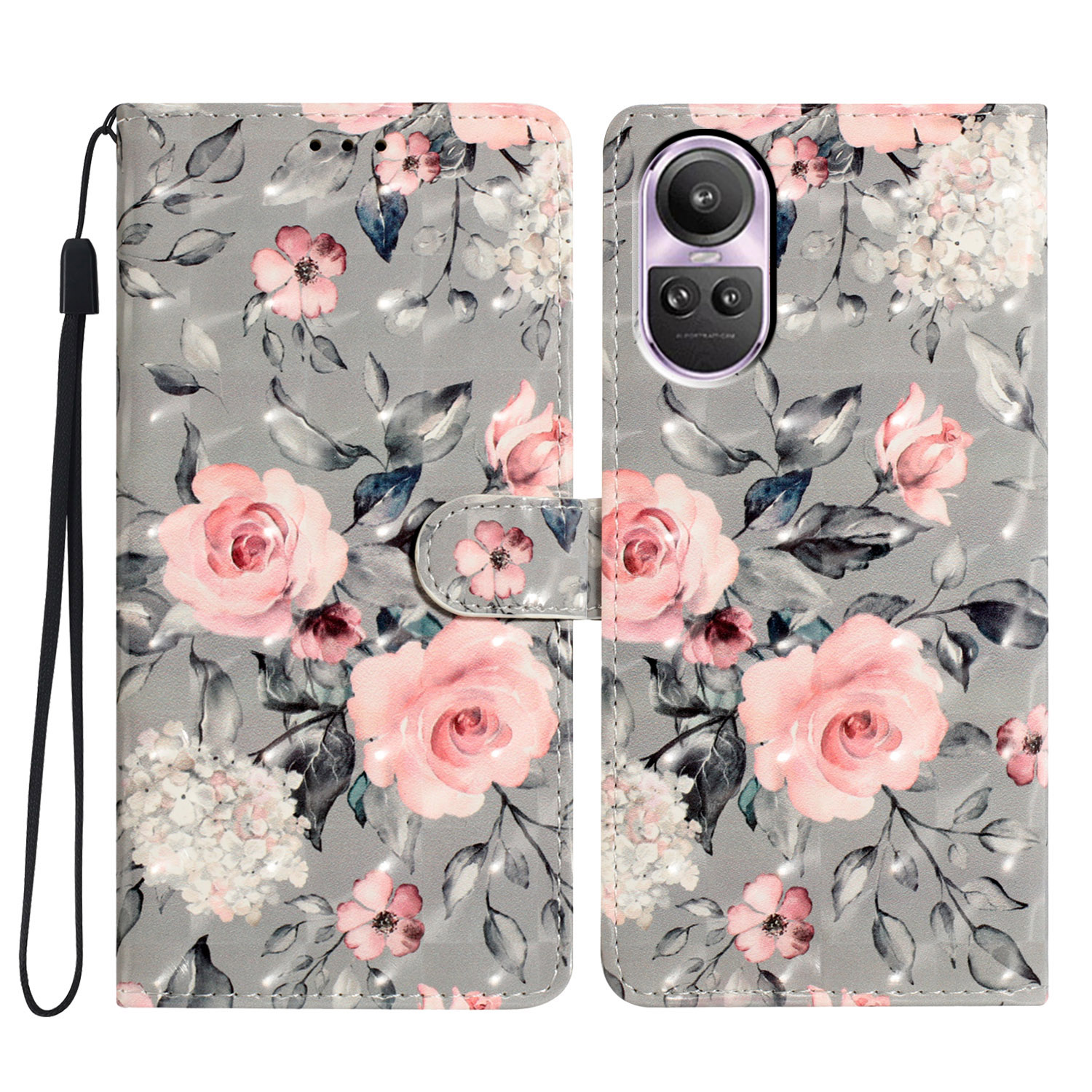 

Für Oppo Reno10 5G (global) / Reno10 Pro 5G (global) Hülle PU Leder 3D -muster Druck Telefonabdeckung - Blumen, Oppo Reno10 5G (Global)