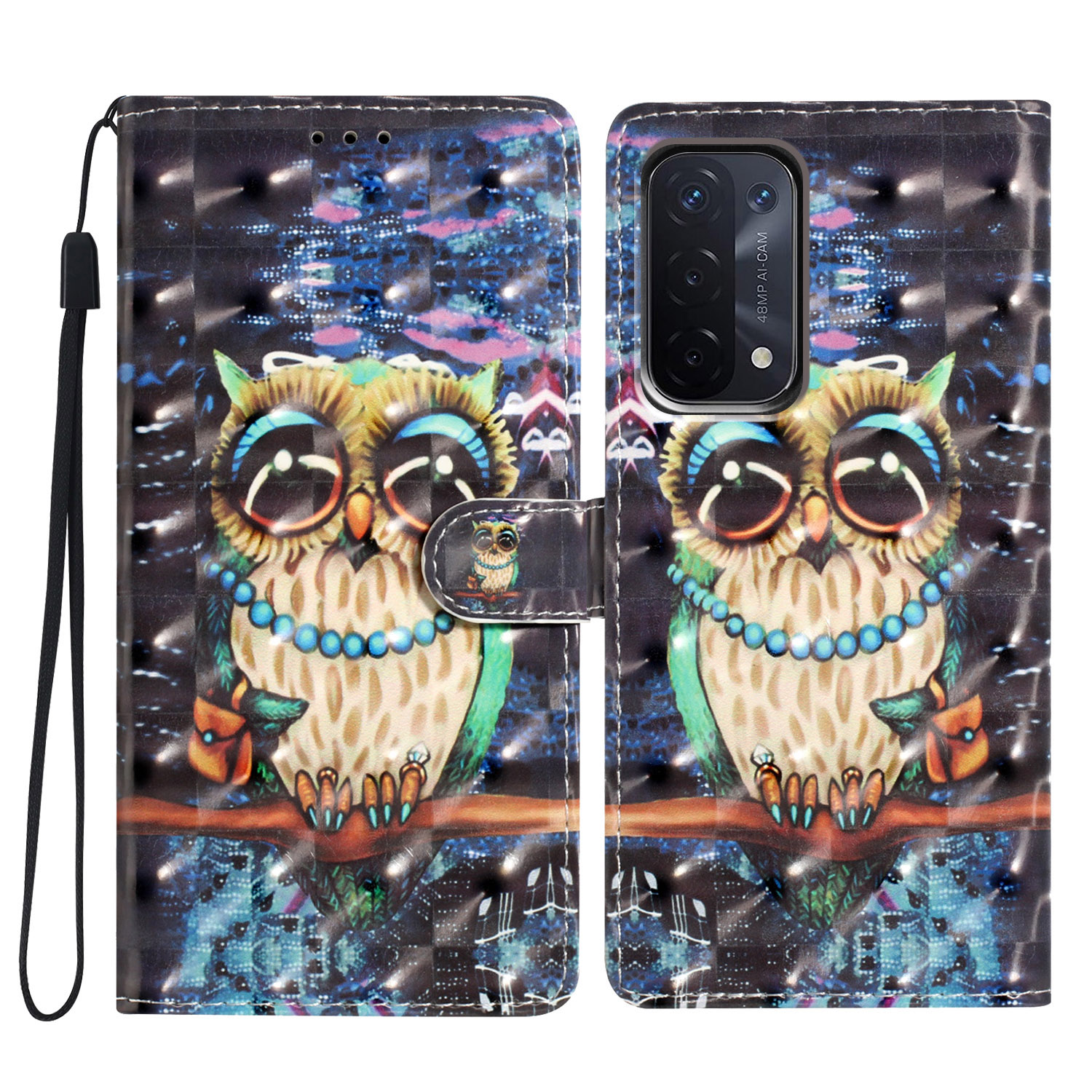 

Für Oppo A54 5G / A74 5G / A93 5G Hülle PU Leder 3D Muster Brieftasche Telefonabdeckung - Eule, Oppo A74 5G