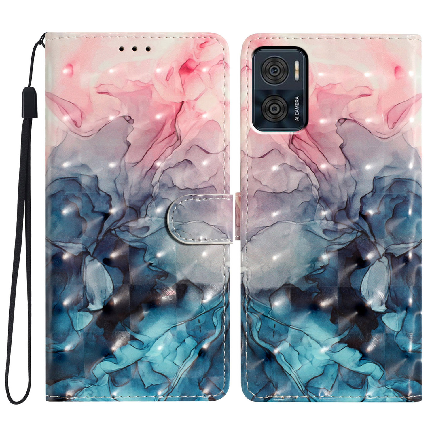 

Für Motorola Moto E22 4G Ledertasche 3D -muster -druckbrieftaschenabdeckung - Pink Blue Marmor, Motorola Moto E22 4G