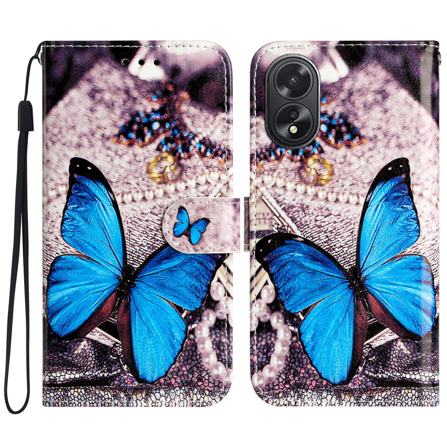 

Für Oppo A38 4g / A58 4G Gehäusemuster Gedrucktes Folio -pu -leder -telefonabdeckung - Blauer Schmetterling, Oppo A38 4G