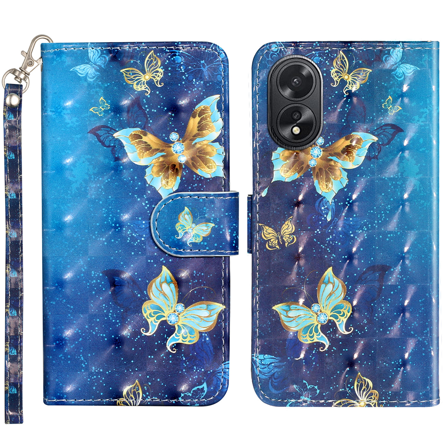 

Für Oppo A38 4g / A58 4G Cover 3D Muster Druck Leder Brieftasche Telefonhülle - Blaue Goldene Schmetterlinge, Oppo A38 4G