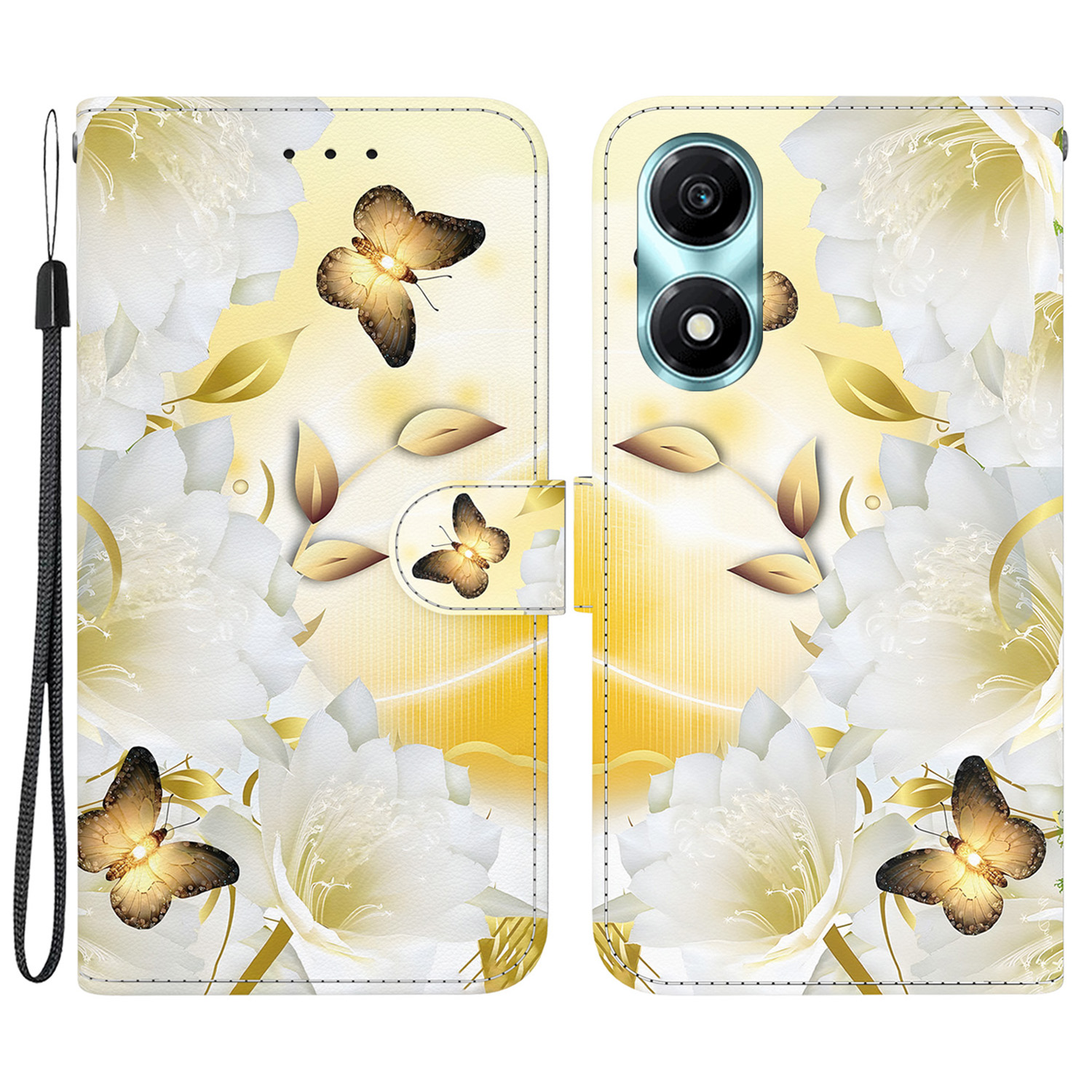 

Für Honour X5 Plus / Spielen Sie 40c 5G -koffer -muster -druckleder -leder -telefonabdeckung - Gold Schmetterlingsblume, Honor X5 Plus