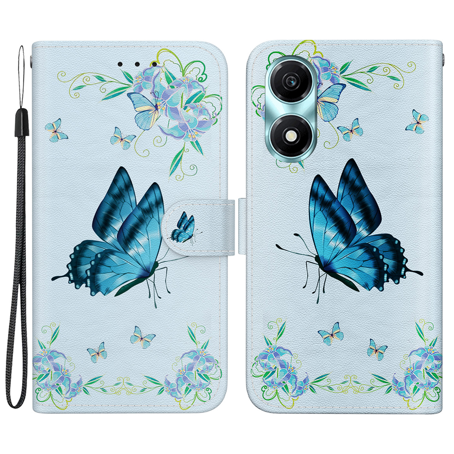 

Für Honour X5 Plus / Spielen Sie 40c 5G -koffer -muster -druckleder -leder -telefonabdeckung - Blaue Schmetterlingsblume, Honor X5 Plus