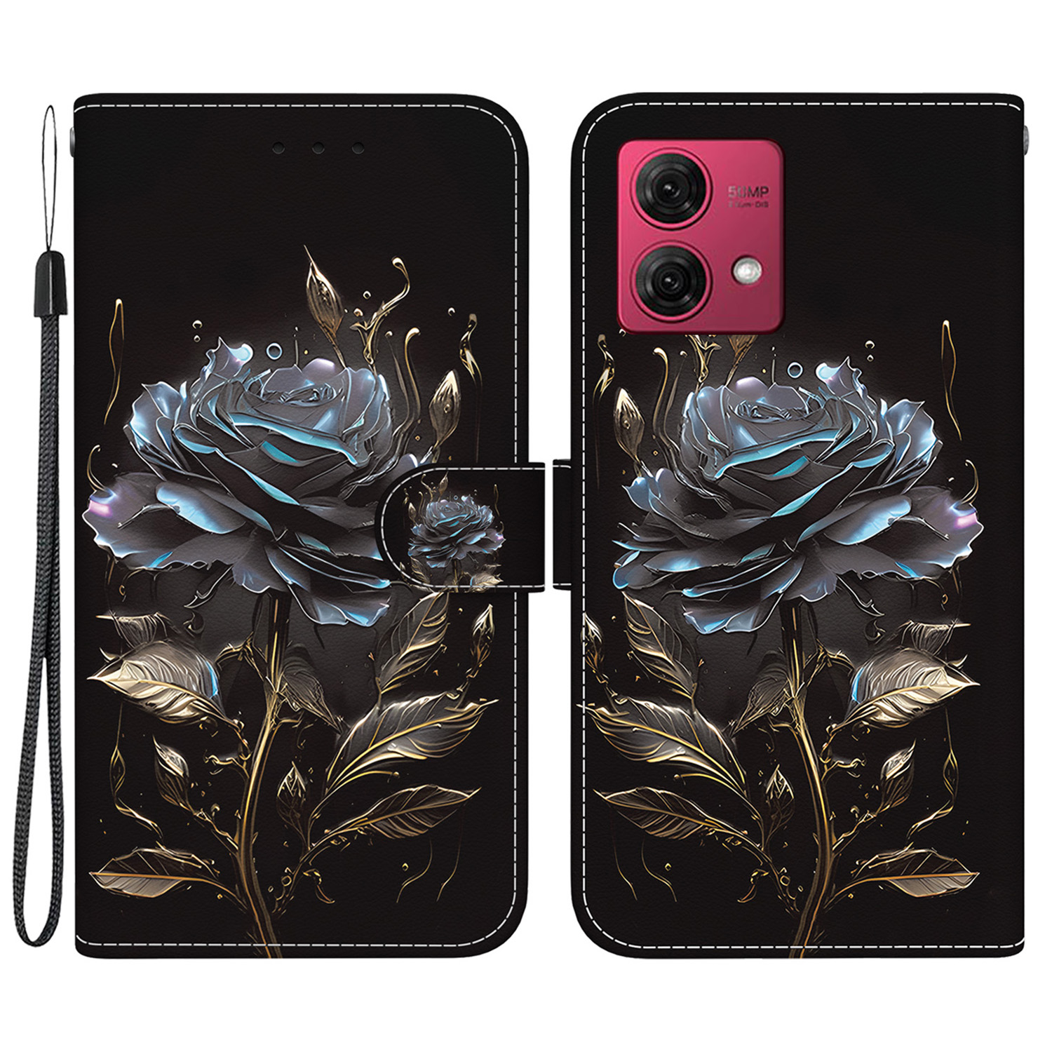 

Für Motorola Moto G84 5G -koffer -muster -druck -telefon -brieftaschenabdeckung - Schwarze Rose, Motorola Moto G84 5G