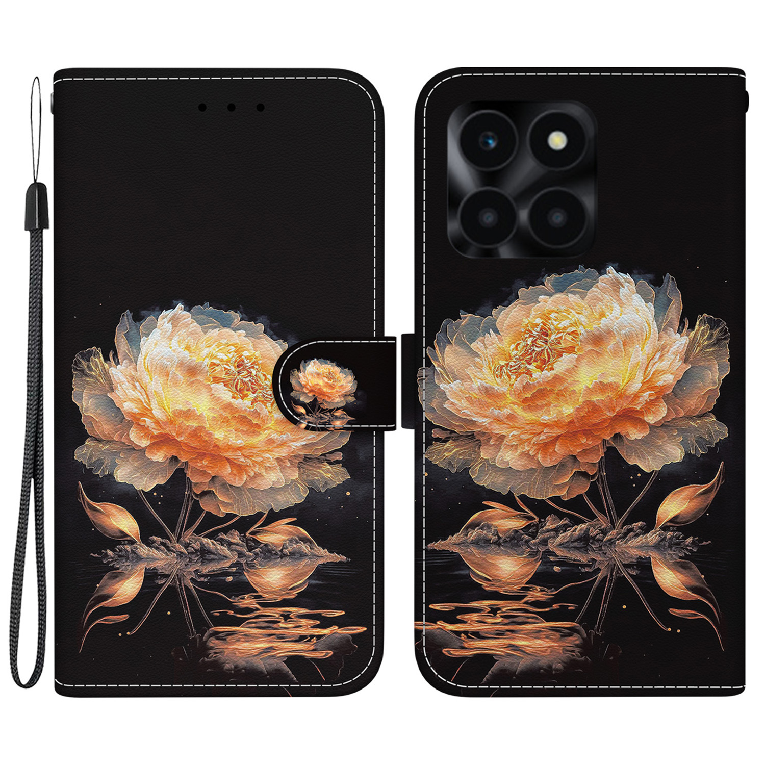 

Für Ehren X6a 4G Leder -häuse -muster Druckbrieftaschenabdeckung - Gold Pfingstrose, Honor X6a 4G