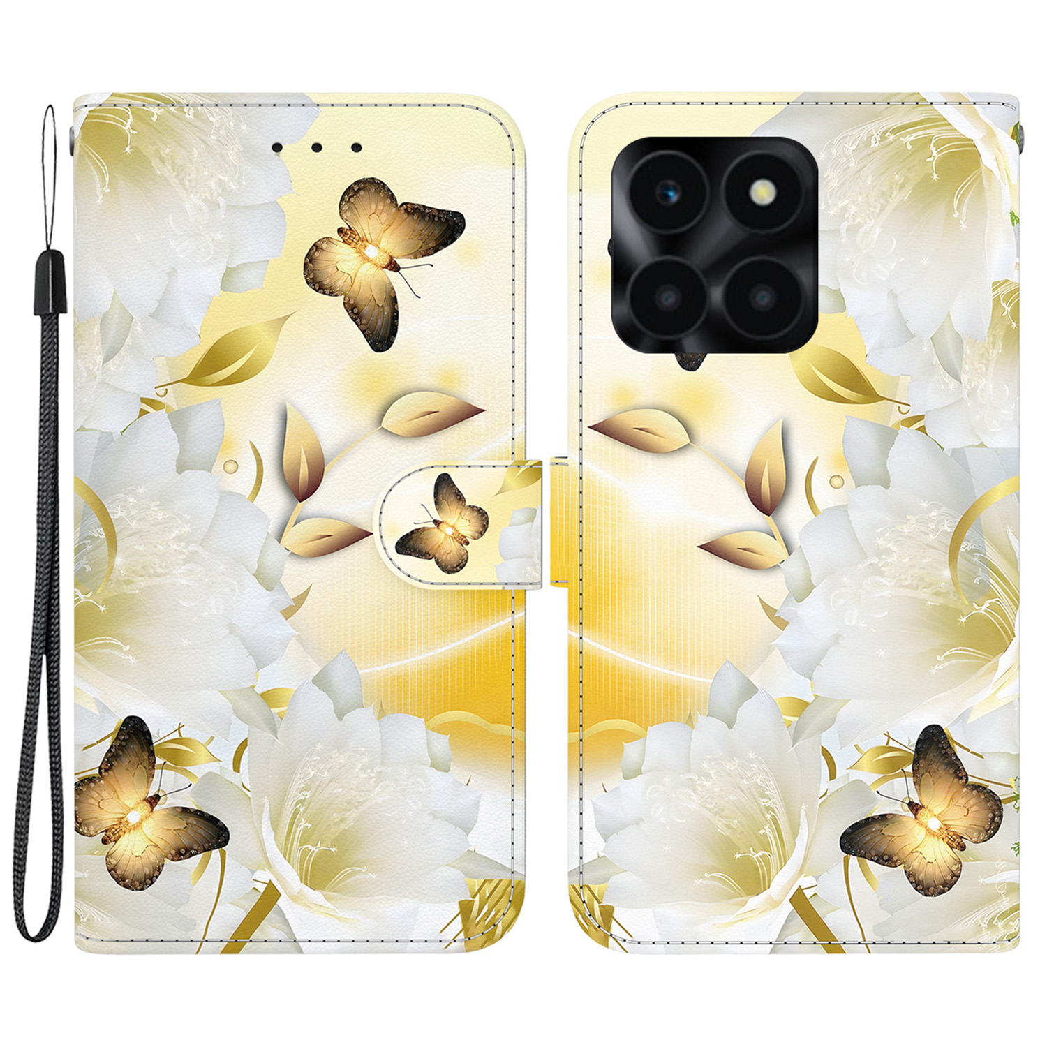 

Für Ehren X6a 4G Leder -häuse -muster Druckbrieftaschenabdeckung - Gold Schmetterlingsblume, Honor X6a 4G