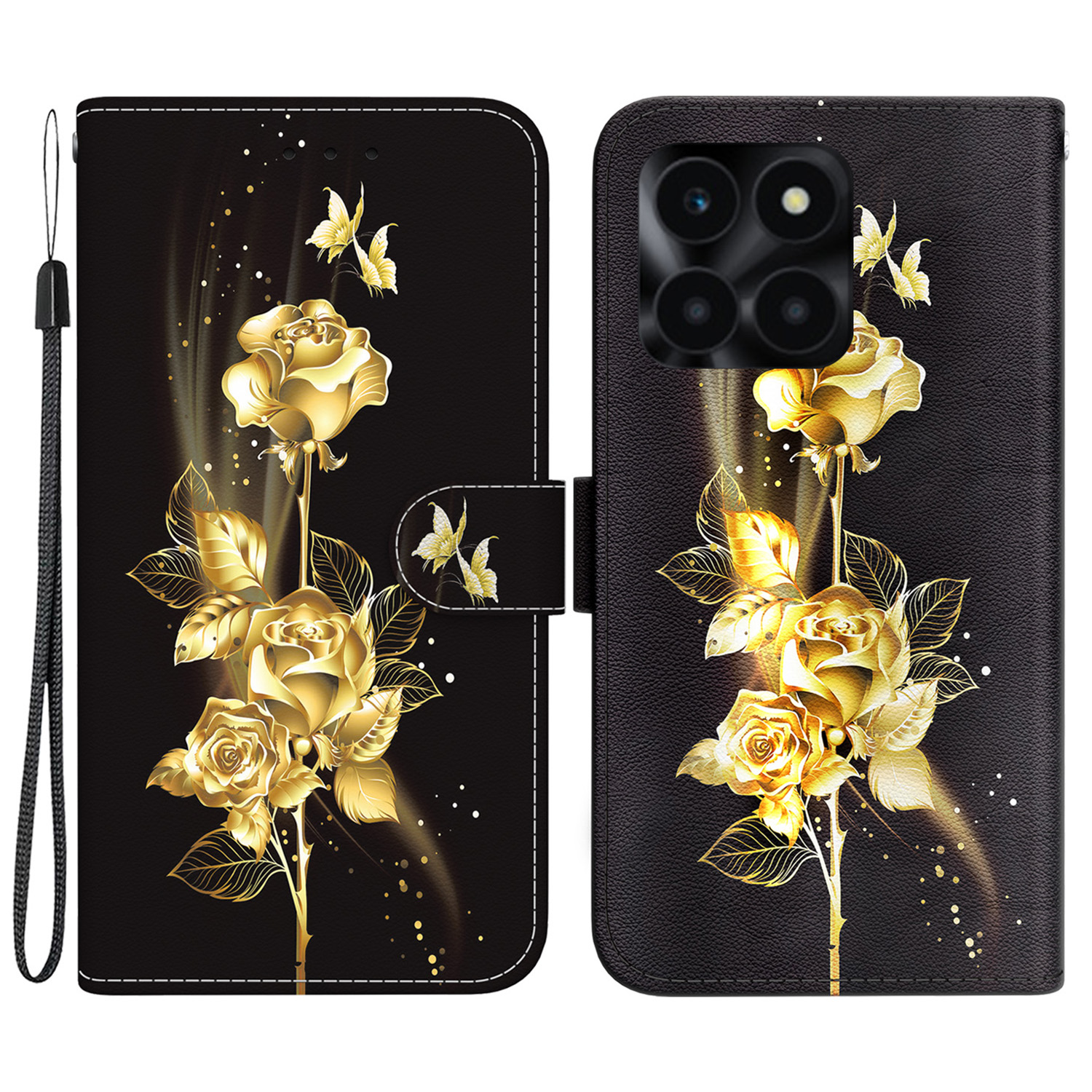 

Für Ehren X6a 4G Leder -häuse -muster Druckbrieftaschenabdeckung - Gold Schmetterling Rose, Honor X6a 4G