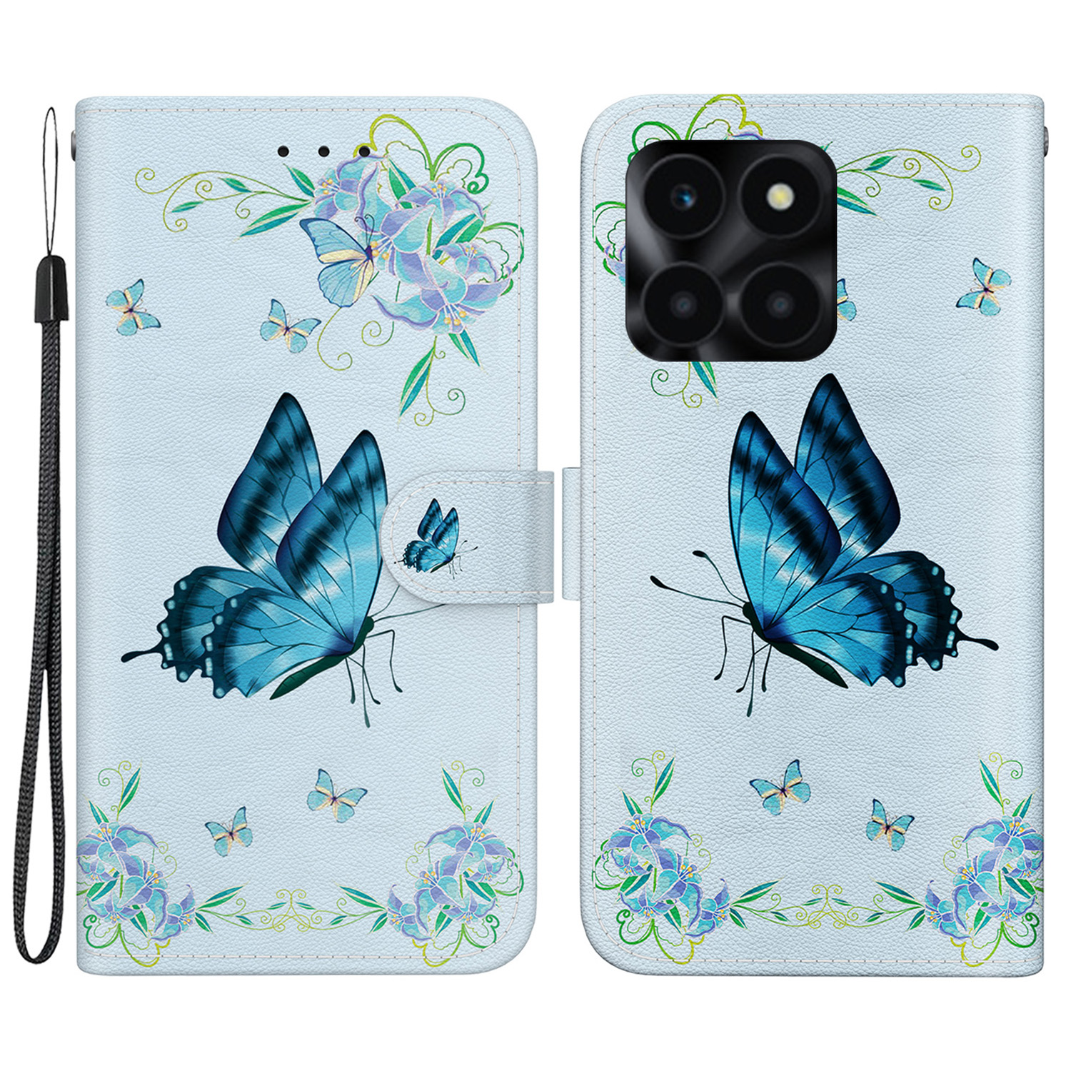 

Für Ehren X6a 4G Leder -häuse -muster Druckbrieftaschenabdeckung - Blaue Schmetterlingsblume, Honor X6a 4G