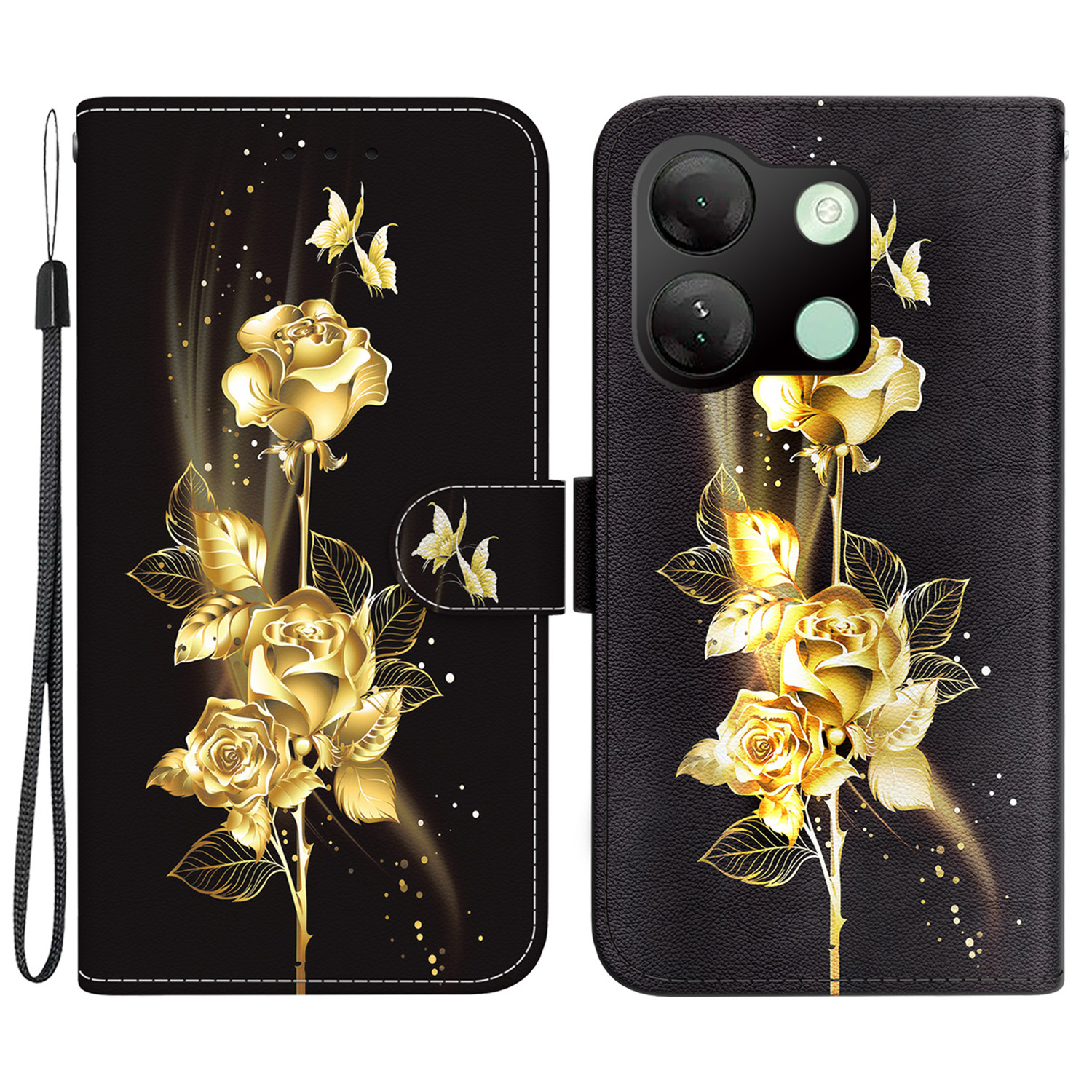 

Für Infinix Smart 7 HD 4G Hülle PU Leder 3D Muster Flip Phone Deckung - Gold Schmetterling Rose, Infinix Smart 7 HD 4G