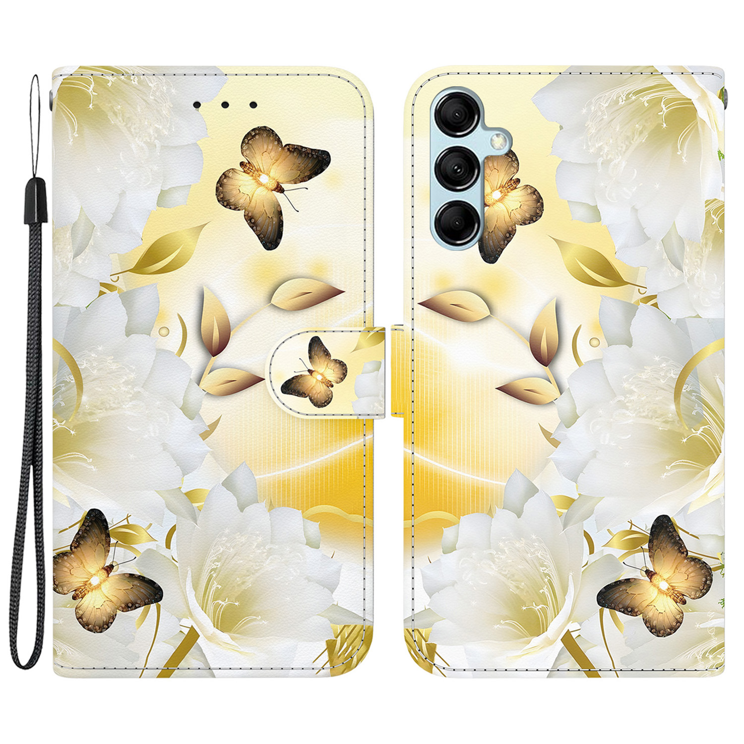 

Für Samsung Galaxy A15 4G Hülle 3D Muster PU Leder Flip Schocksicherer Abdeckung - Gold Schmetterlingsblume, Galaxy A15 4G