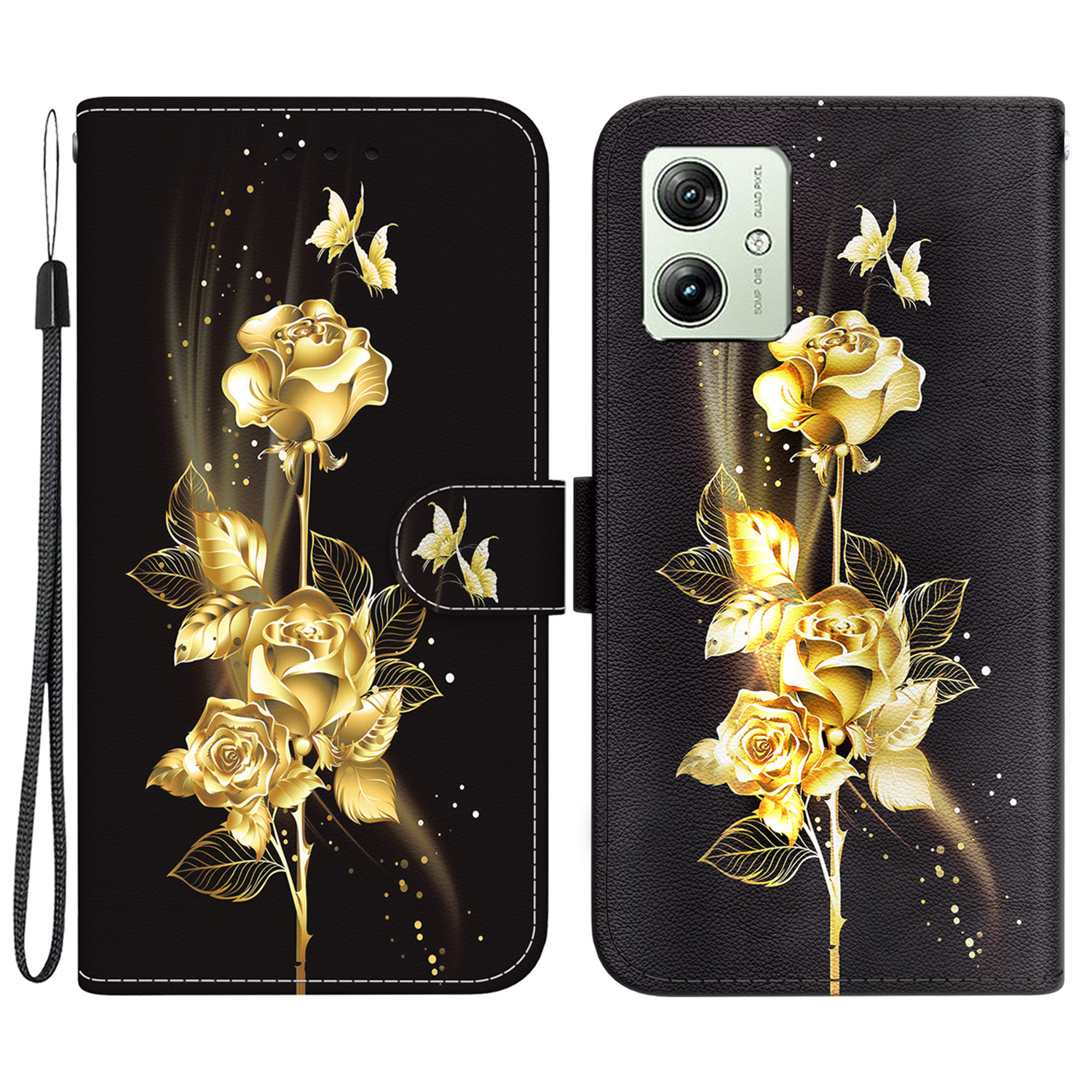 

Für Motorola Moto G54 5G Hülle Folio PU Leder -ständer Brieftasche Telefonabdeckung - Gold Schmetterling Rose, Motorola Moto G54 5G