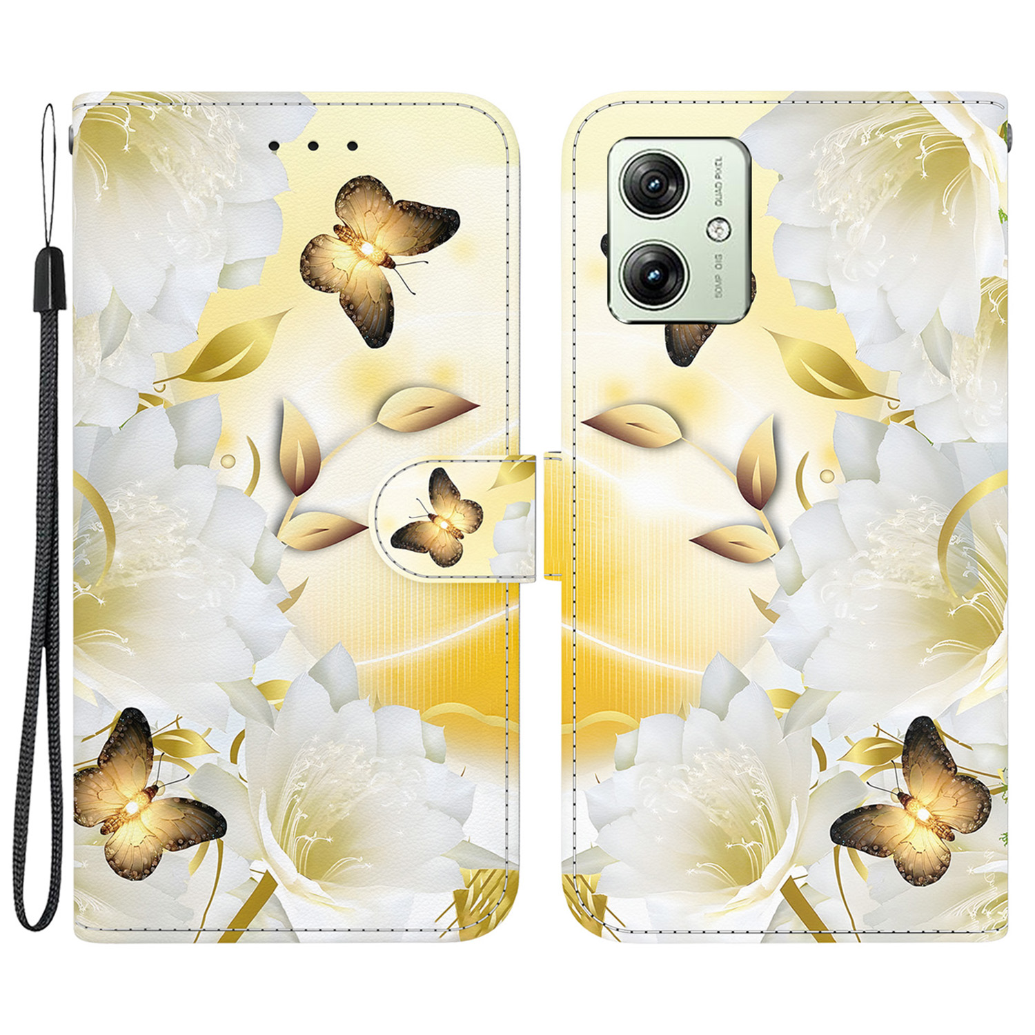 

Für Motorola Moto G54 5G Hülle Folio PU Leder -ständer Brieftasche Telefonabdeckung - Gold Schmetterlingsblume, Motorola Moto G54 5G
