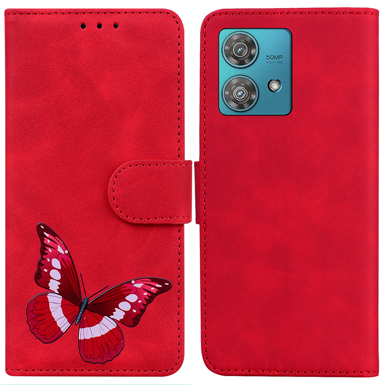 

Für Motorola Edge 40 Neo 5G Hülle Wallet PU Leder Schmetterlingsdruck Telefonabdeckung - Rot, Motorola Edge 40 Neo 5G