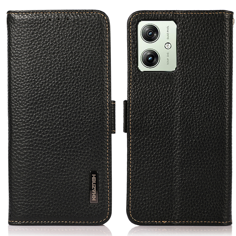 

Khazneh Für Motorola Moto G54 5G Hülle Echtes Kuhleder RFID Blocking Wallet Telefonabdeckung - Schwarz, Motorola Moto G54 5G
