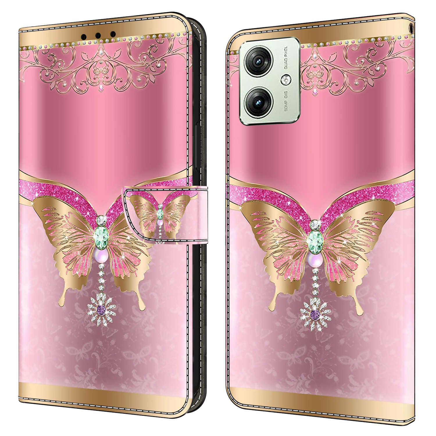 

Für Motorola Moto G54 4G Hülle PU Leder Brieftasche 3D Muster Telefonabdeckung - Rosa / Gold Schmetterling, Motorola Moto G54 5G