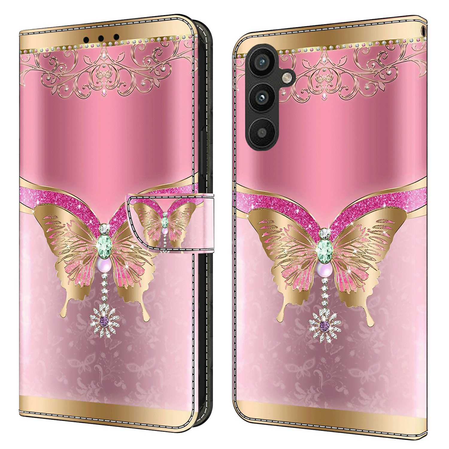 

Für Samsung Galaxy A15 4G Hülle 3D Muster PU Leder Flip Schutzschutz - Rosa / Gold Schmetterling, Galaxy A15 4G
