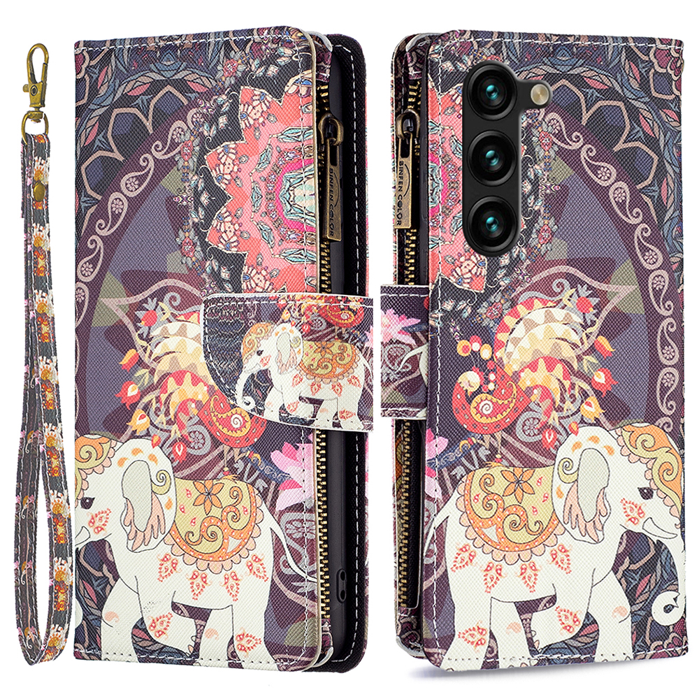 

BF03 Standmusterabdeckung Für Samsung Galaxy S24+ Lederhülle Mit Reißverschluss Brieftasche - Blumen Und Elefant, Galaxy S24+