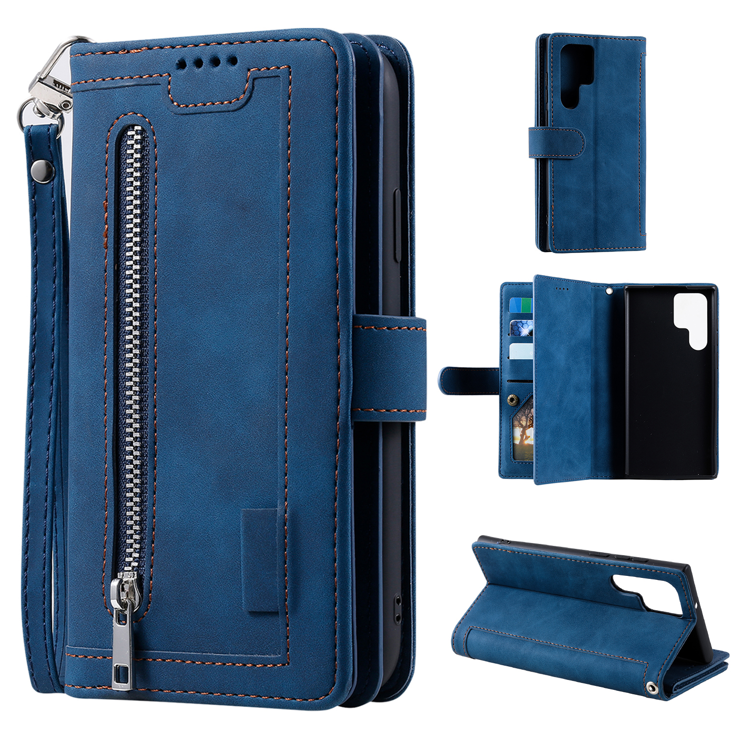 

Für Samsung Galaxy S24 Ultra Leder Hülle Brieftaschenhilfeabdeckung Mit 9 Kartenschlitzen - Blau, Galaxy S24 Ultra