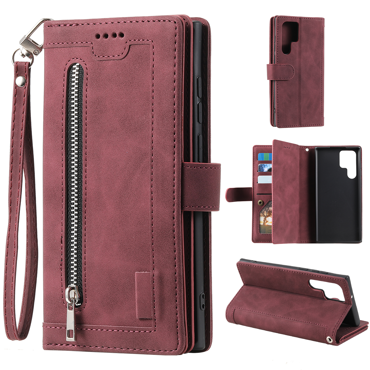 

Für Samsung Galaxy S24 Ultra Leder Hülle Brieftaschenhilfeabdeckung Mit 9 Kartenschlitzen - Weinrot, Galaxy S24 Ultra