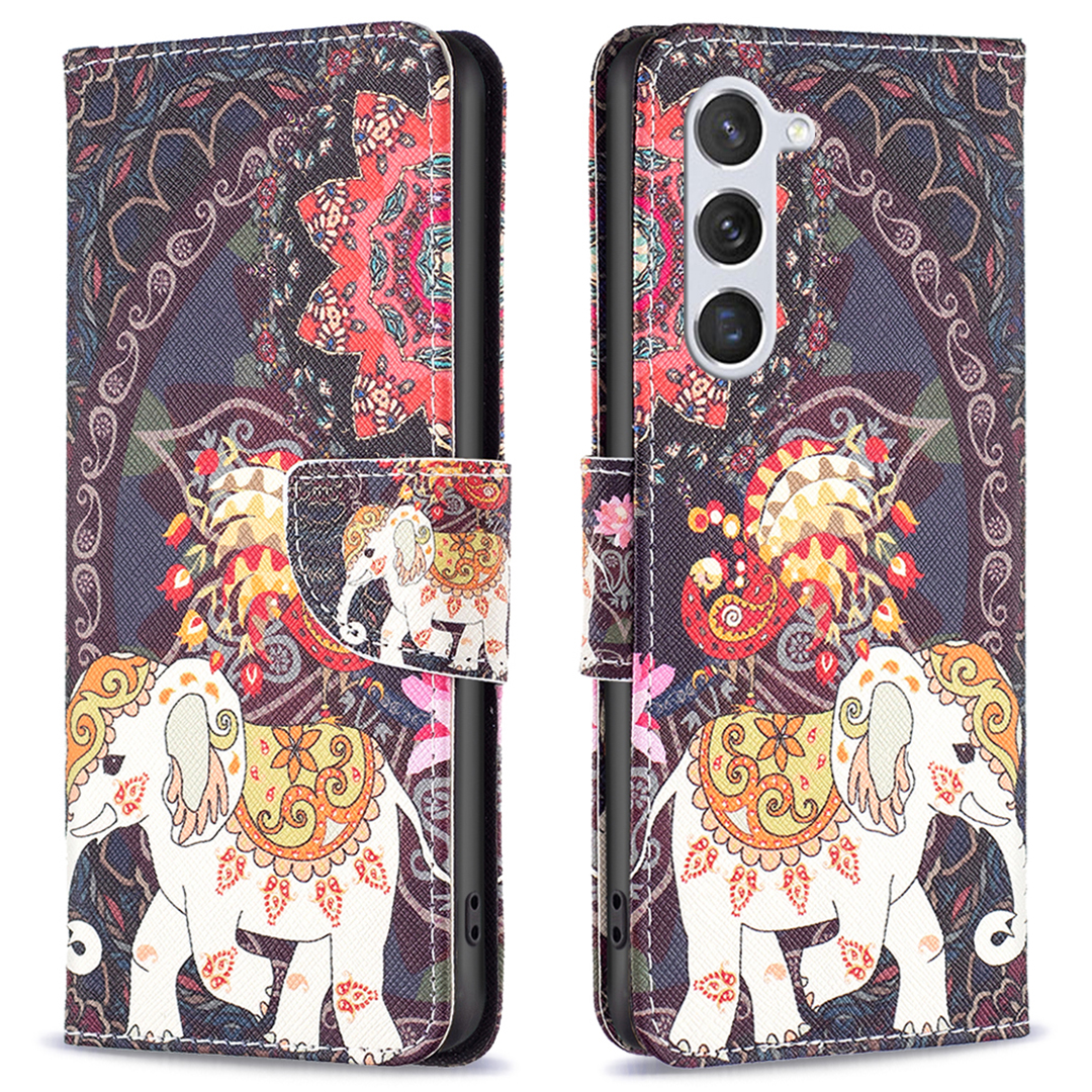 

Für Samsung Galaxy S24 Fallmuster Druckphone Brieftascheabdeckung - Blume Und Elefant, Galaxy S24