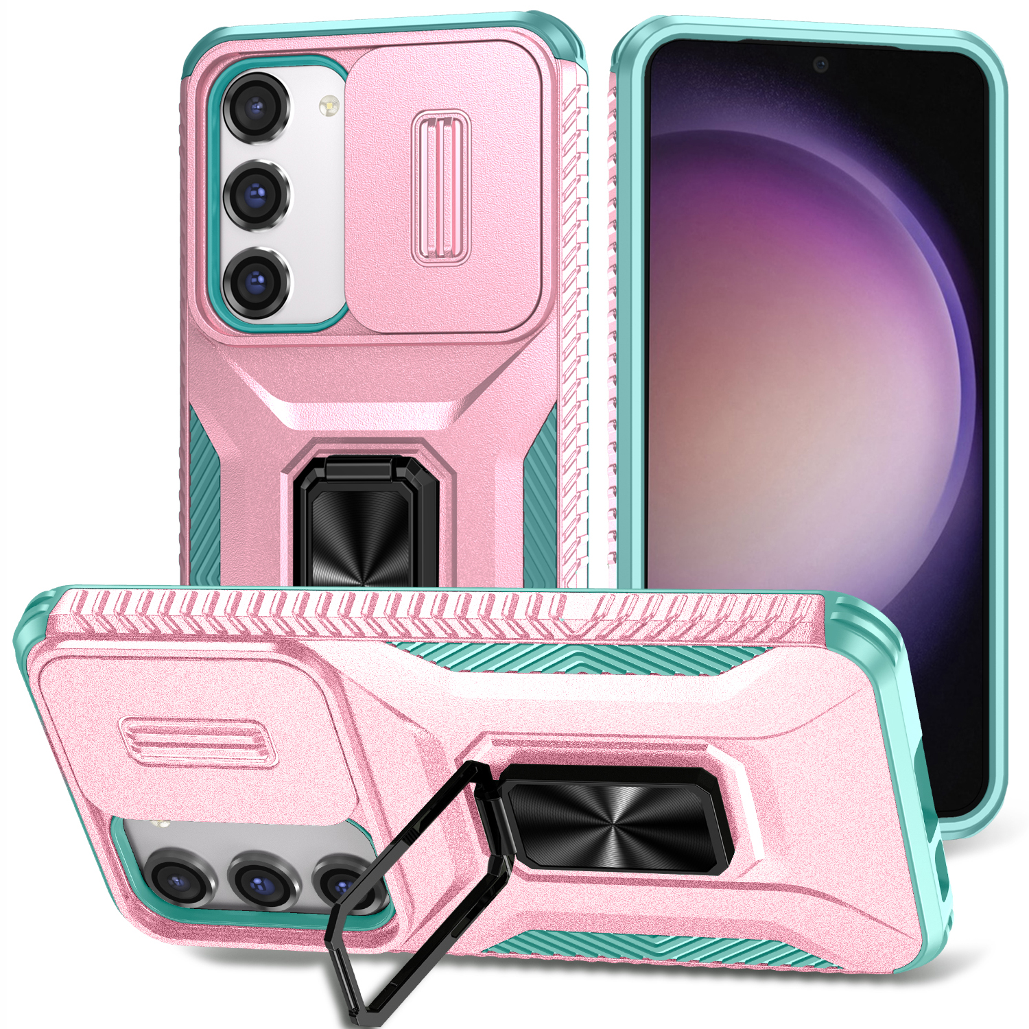 

Für Samsung Galaxy S23 Case Dia Lens Deckel PC+TPU -telefon -kickständer Cover - Rosa / Cyan, Galaxy S23