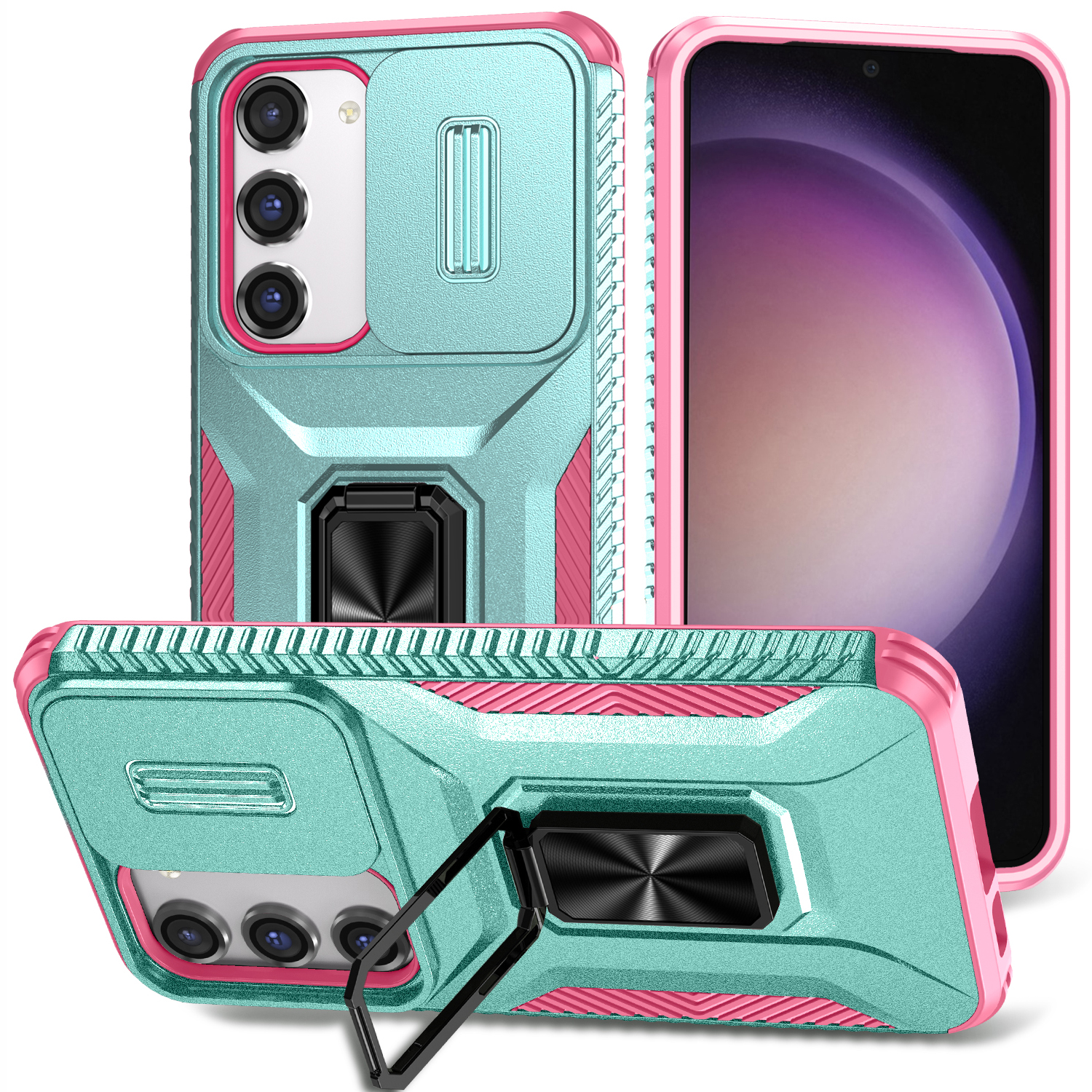 

Für Samsung Galaxy S23 Case Dia Lens Deckel PC+TPU -telefon -kickständer Cover - Cyan / Rosa, Galaxy S23