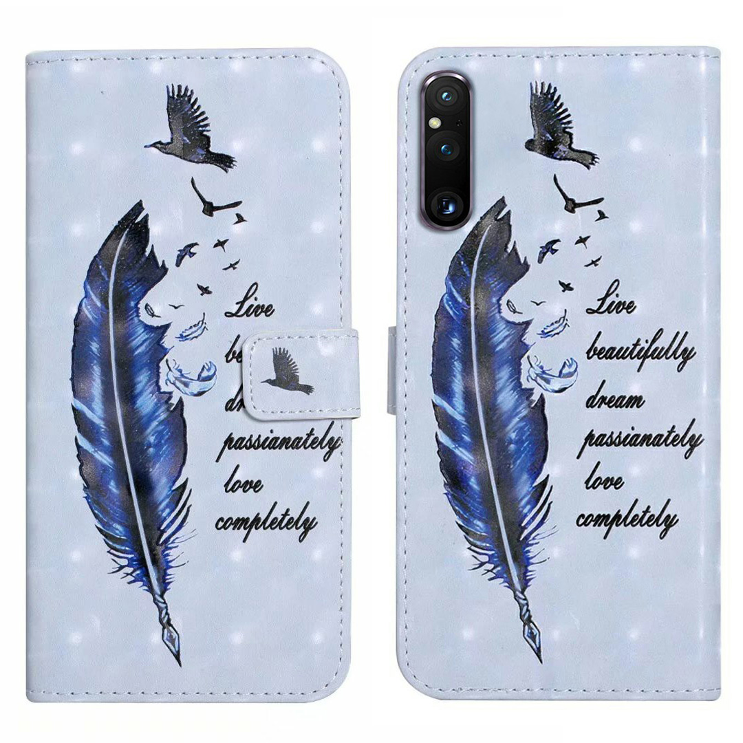 

Für Sony Xperia 1 V Case 3D Muster PU Leder Flip Wallet -telefonabdeckung - Blaue Feder, Sony Xperia 1 V