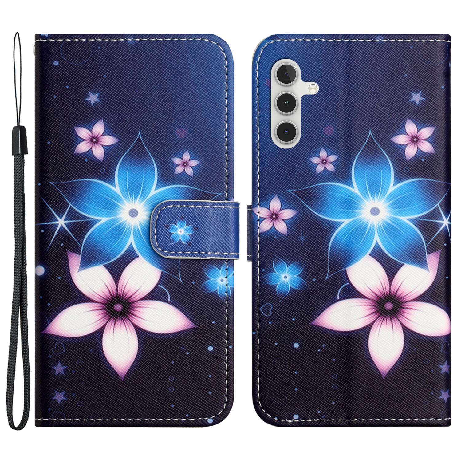 

Für Das Samsung Galaxy S24+ Lederabdeckungsmuster Druckschutzhülle - Blaue Blume, Galaxy S24+
