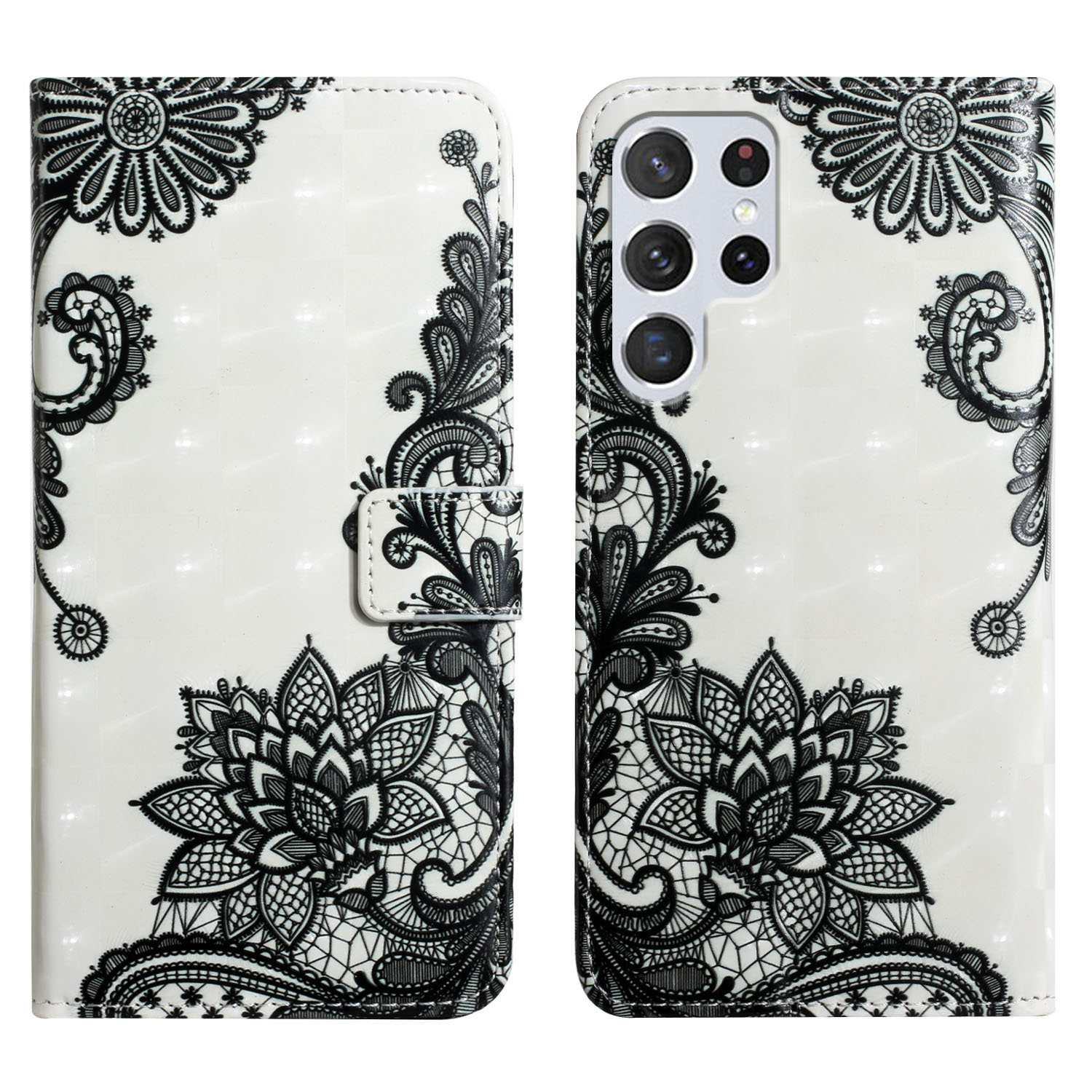

Für Samsung Galaxy S23 Ultra-hülle PU Leder Anti-Drop Wallet-ständer 3d-musterdruck Telefonabdeckung - Spitzenblume, Galaxy S23 Ultra