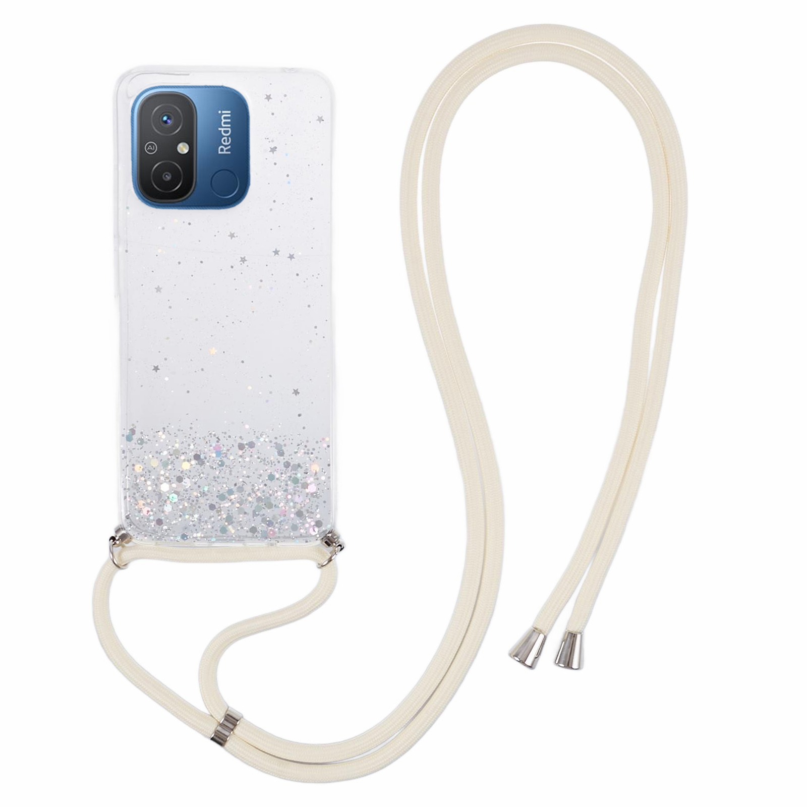 

AW Series Anti-Drop Tpu-fall Für Xiaomi Redmi 12c 4G Hülle Sparkle Epoxy Telefonschale Mit Lanyard - Weiß, Xiaomi Redmi 12C 4G