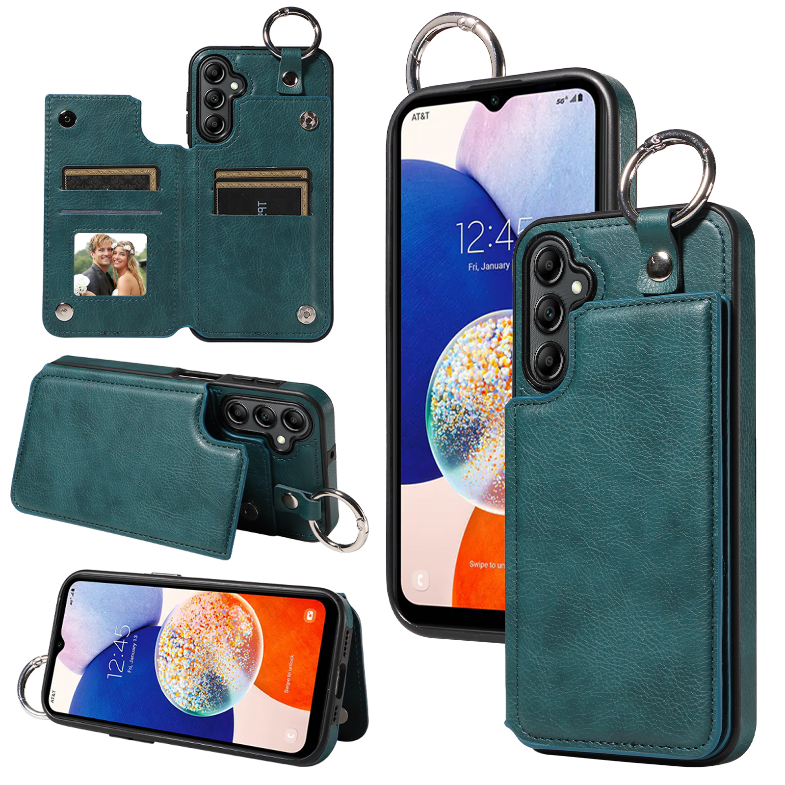 

003 Für Samsung Galaxy A14 4G / 5G -hülle Handy Leder+tpu -kartenhalter Zurück -deckung - Blau Grün, Galaxy A14 5G