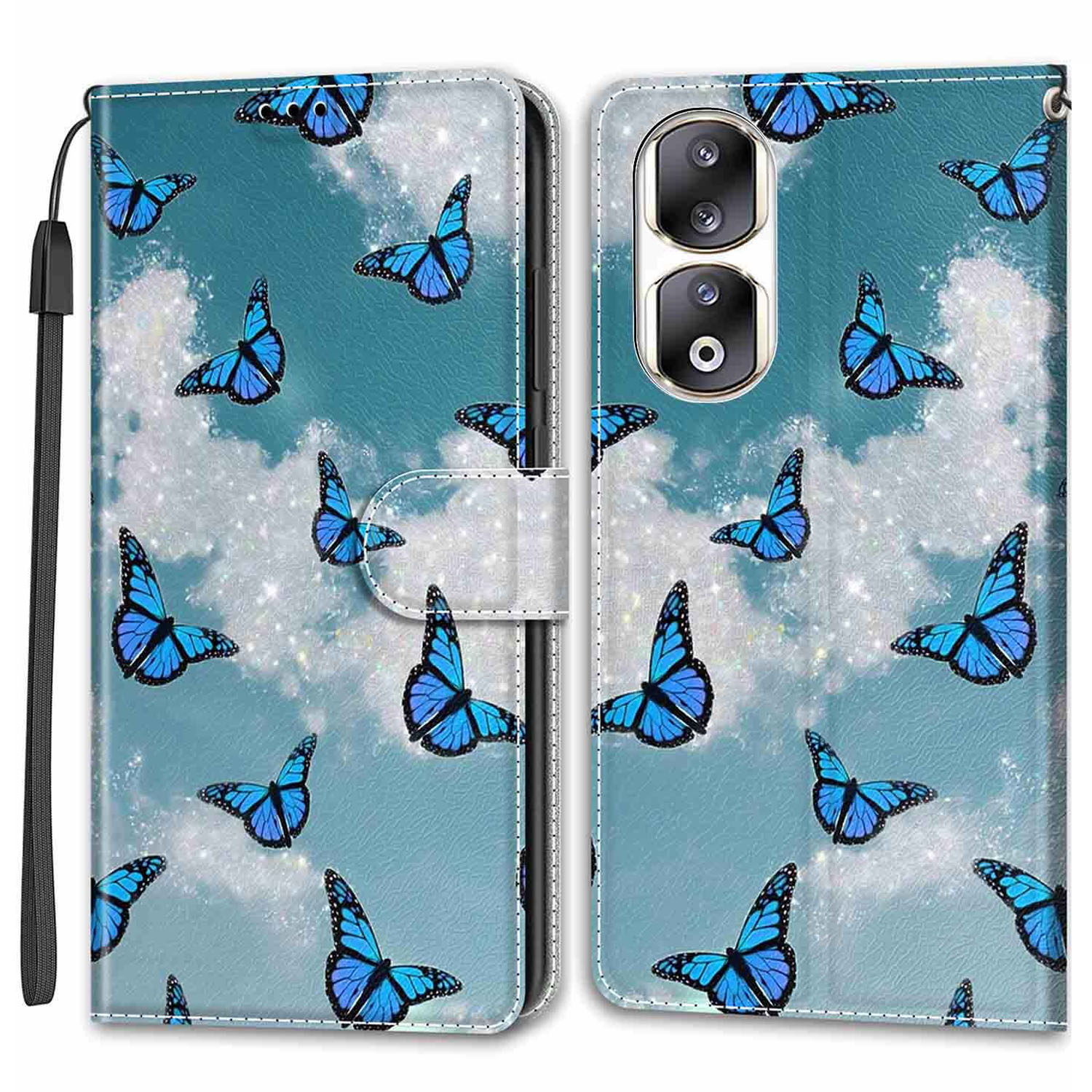 

Für Honour 90 Pro Case PU Leder Muster Druckstand Cover - Weisse Wolke / Blaue Schmetterlinge, Honor 90 Pro
