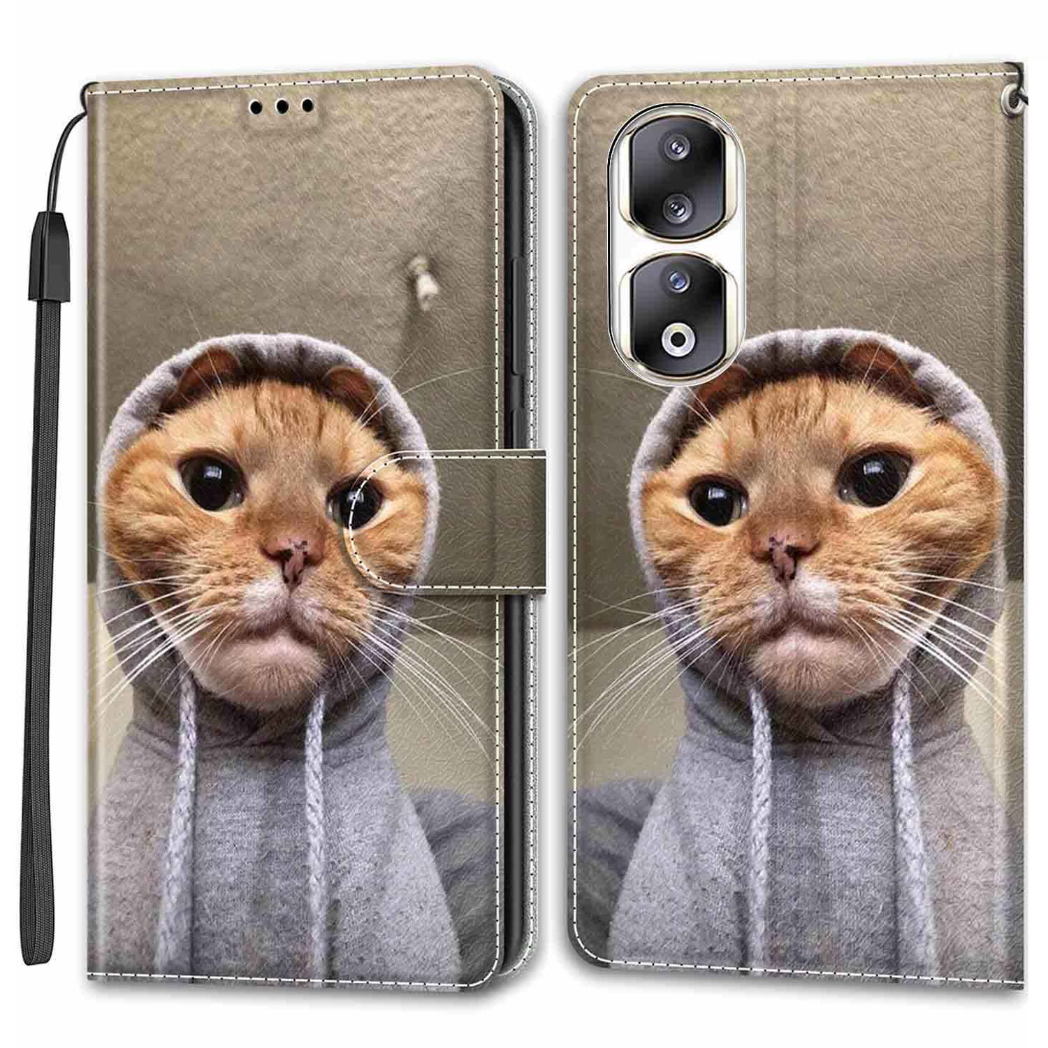 

Für Honour 90 Pro Case PU Leder Muster Druckstand Cover - Gelbe Katze / Pullover, Honor 90 Pro