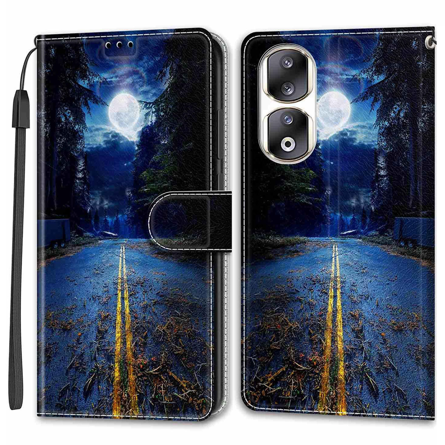 

Für Honour 90 Pro Case PU Leder Muster Druckstand Cover - Nachtstraße / Mond, Honor 90 Pro