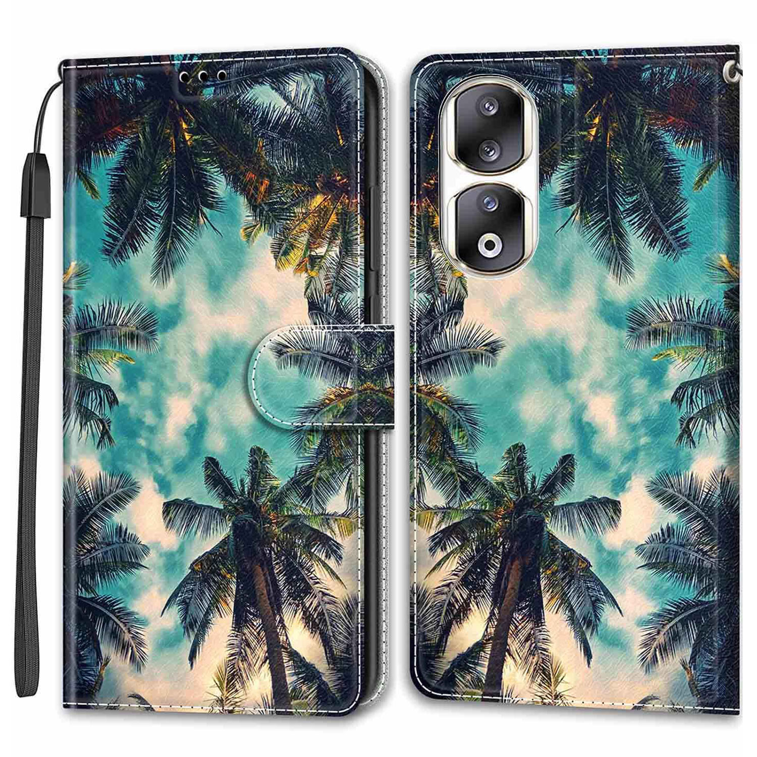 

Für Honour 90 Pro Case PU Leder Muster Druckstand Cover - Kokosnussbaum, Honor 90 Pro