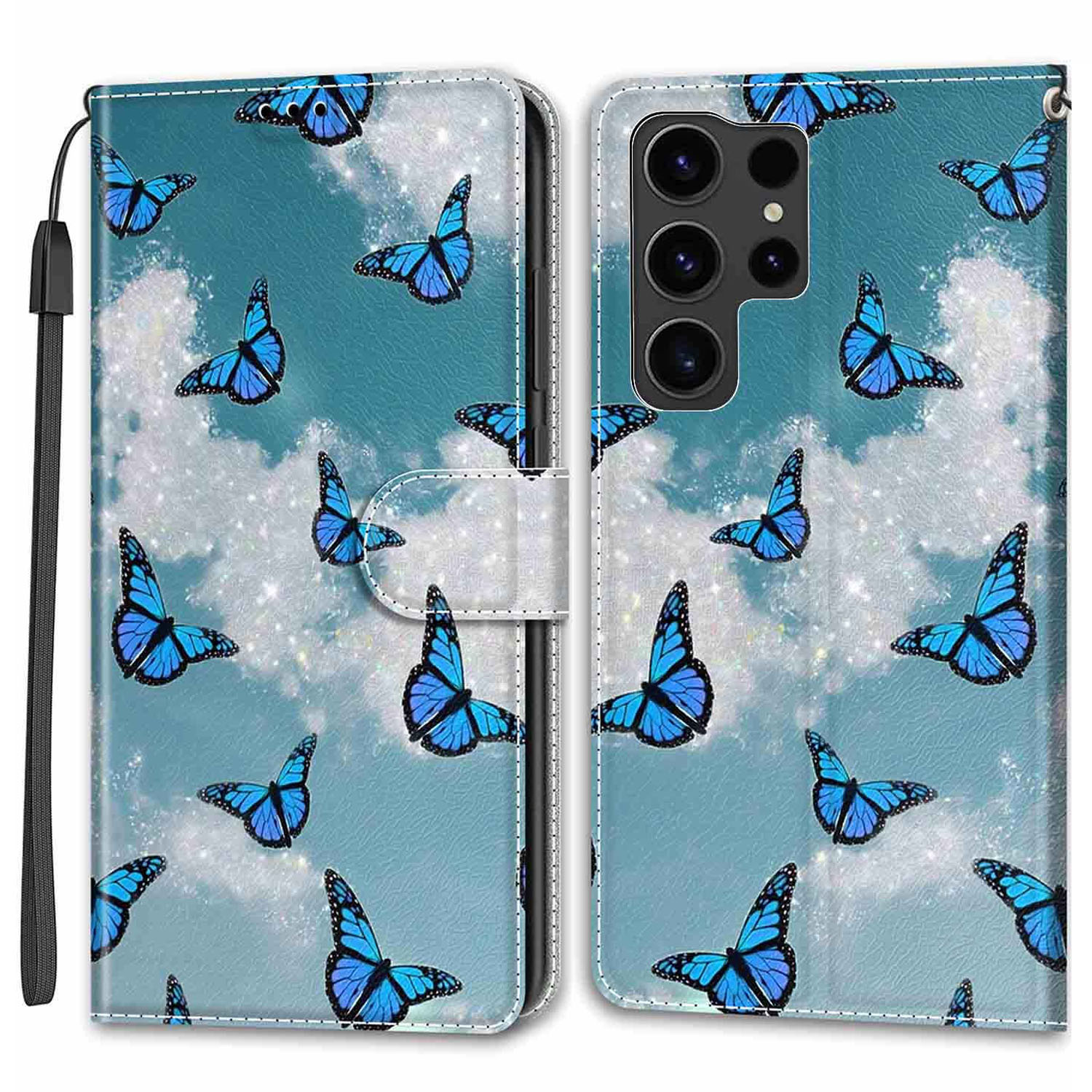 

Für Samsung Galaxy S24 Ultra -hoffer -kartenhalter -lederständer Telefonabdeckung - Weisse Wolke / Blaue Schmetterlinge, Galaxy S24 Ultra