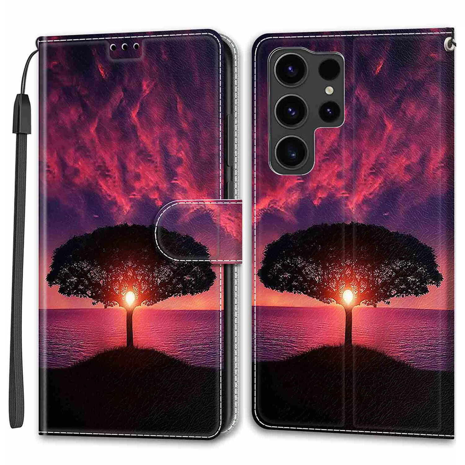 

Für Samsung Galaxy S24 Ultra -hoffer -kartenhalter -lederständer Telefonabdeckung - Schwarzer Baum / Sonnenuntergang, Galaxy S24 Ultra