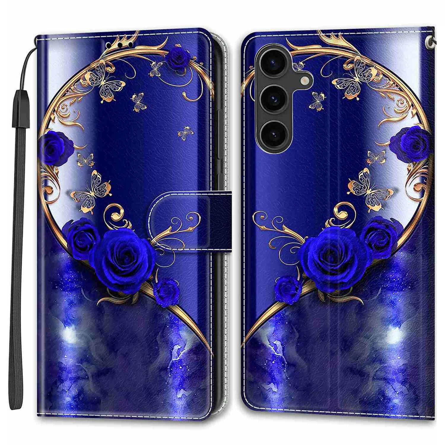 

Für Samsung Galaxy S24 Leder -hülle -kartenhalter -ständer Cover - Blaue Rose / Goldener Schmetterling, Galaxy S24