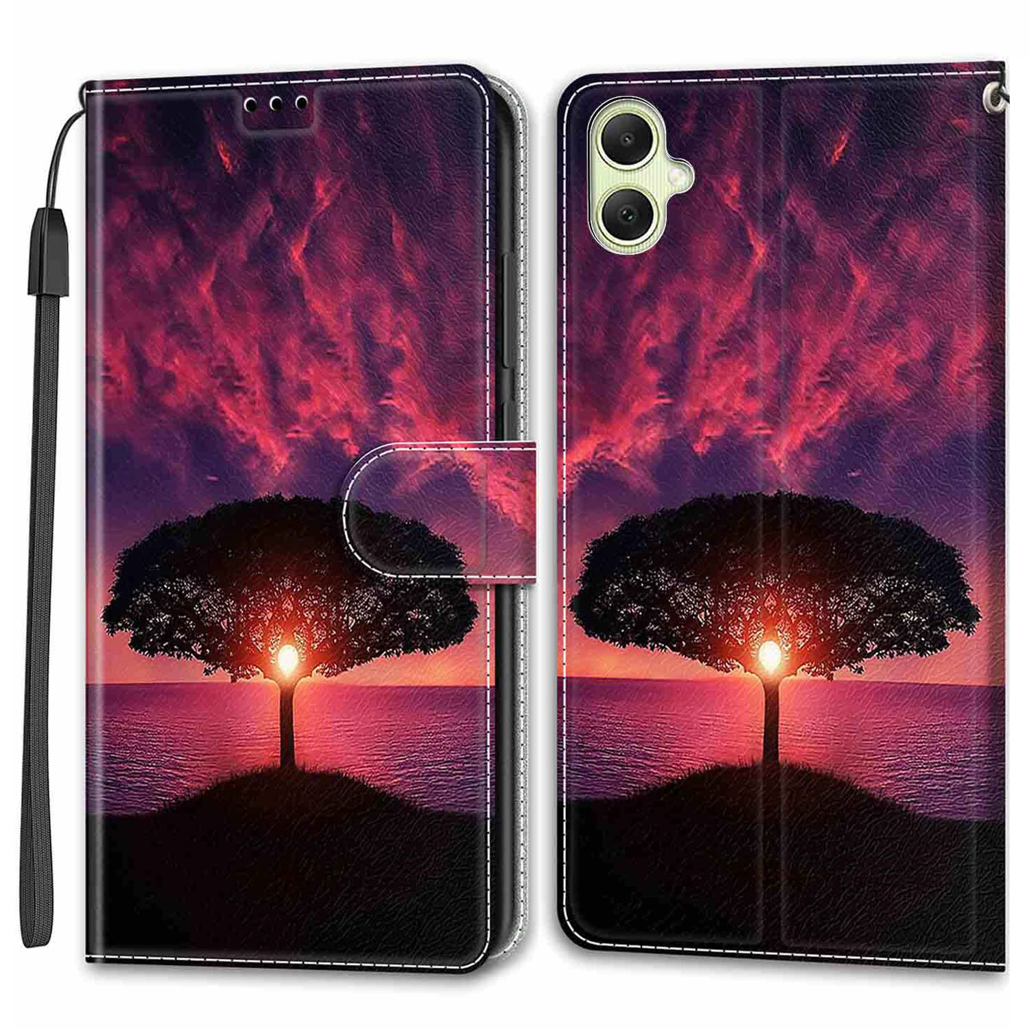 

Für Samsung Galaxy A05 4G Hülle PU -ledermuster -druckphase -deckung - Schwarzer Baum / Sonnenuntergang, Samsung Galaxy A05 4G
